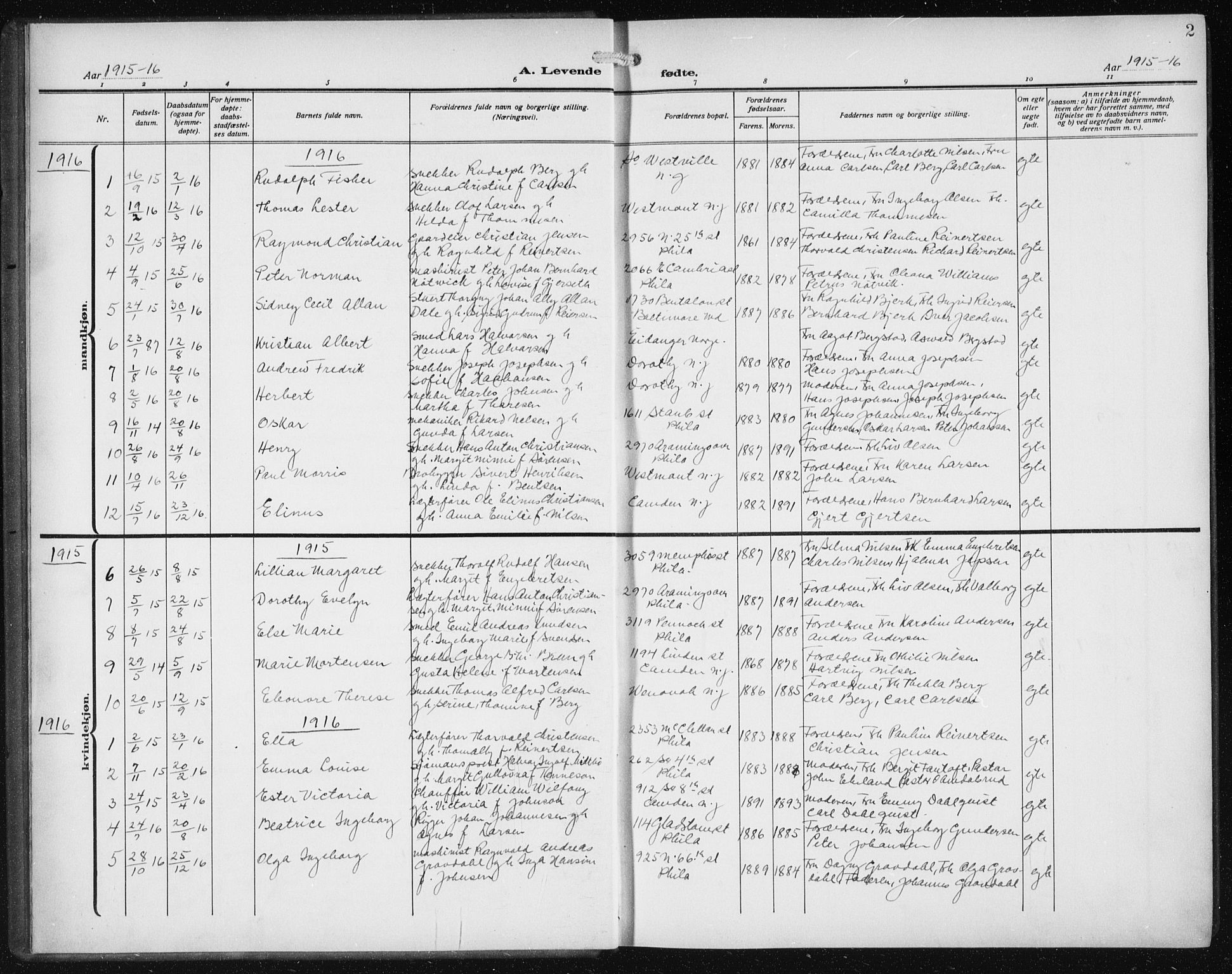 Den norske sjømannsmisjon i utlandet/Philadelphia, SAB/SAB/PA-0113/H/Ha/L0001: Parish register (official) no. A 1, 1912-1931, p. 2