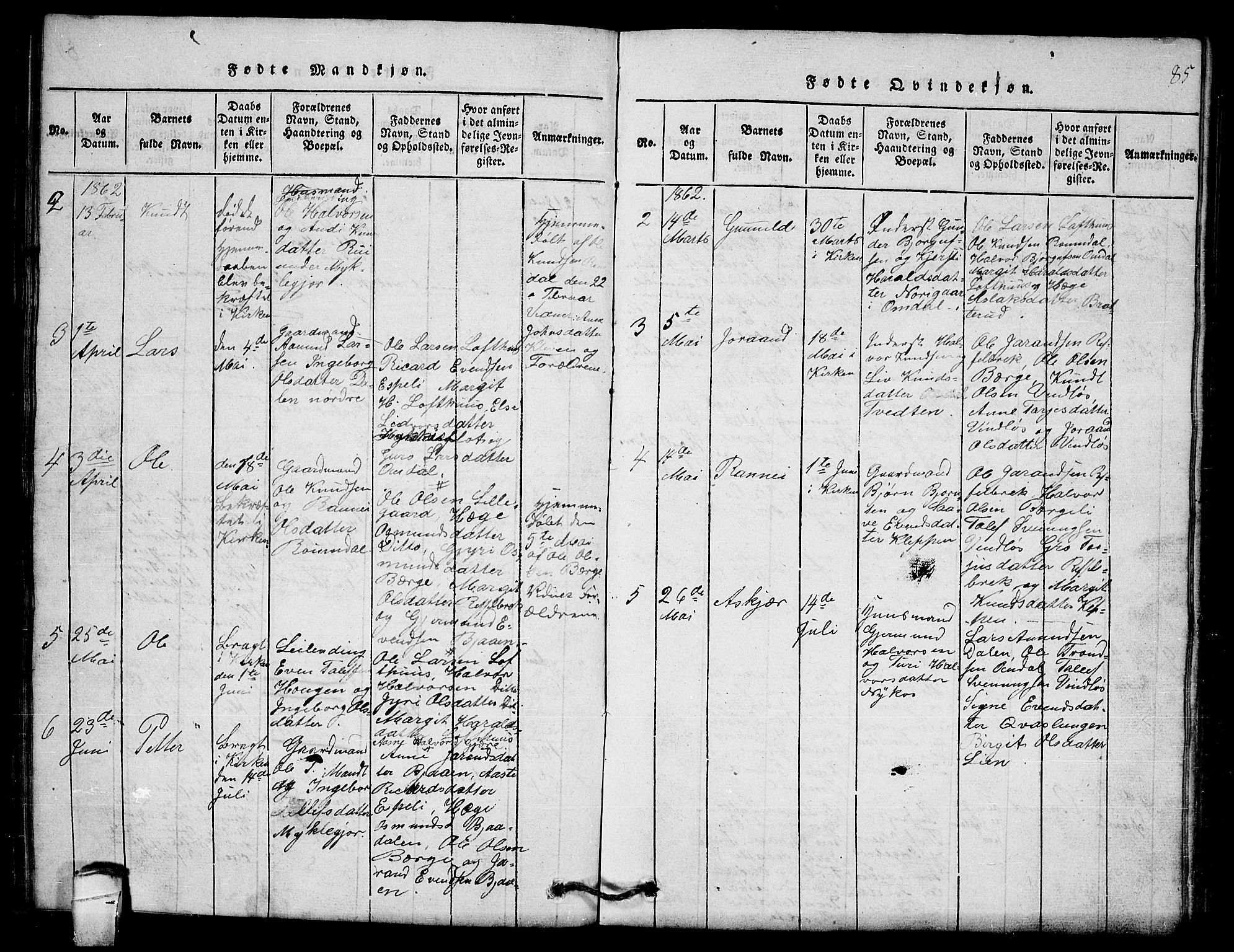 Lårdal kirkebøker, SAKO/A-284/G/Gb/L0001: Parish register (copy) no. II 1, 1815-1865, p. 85