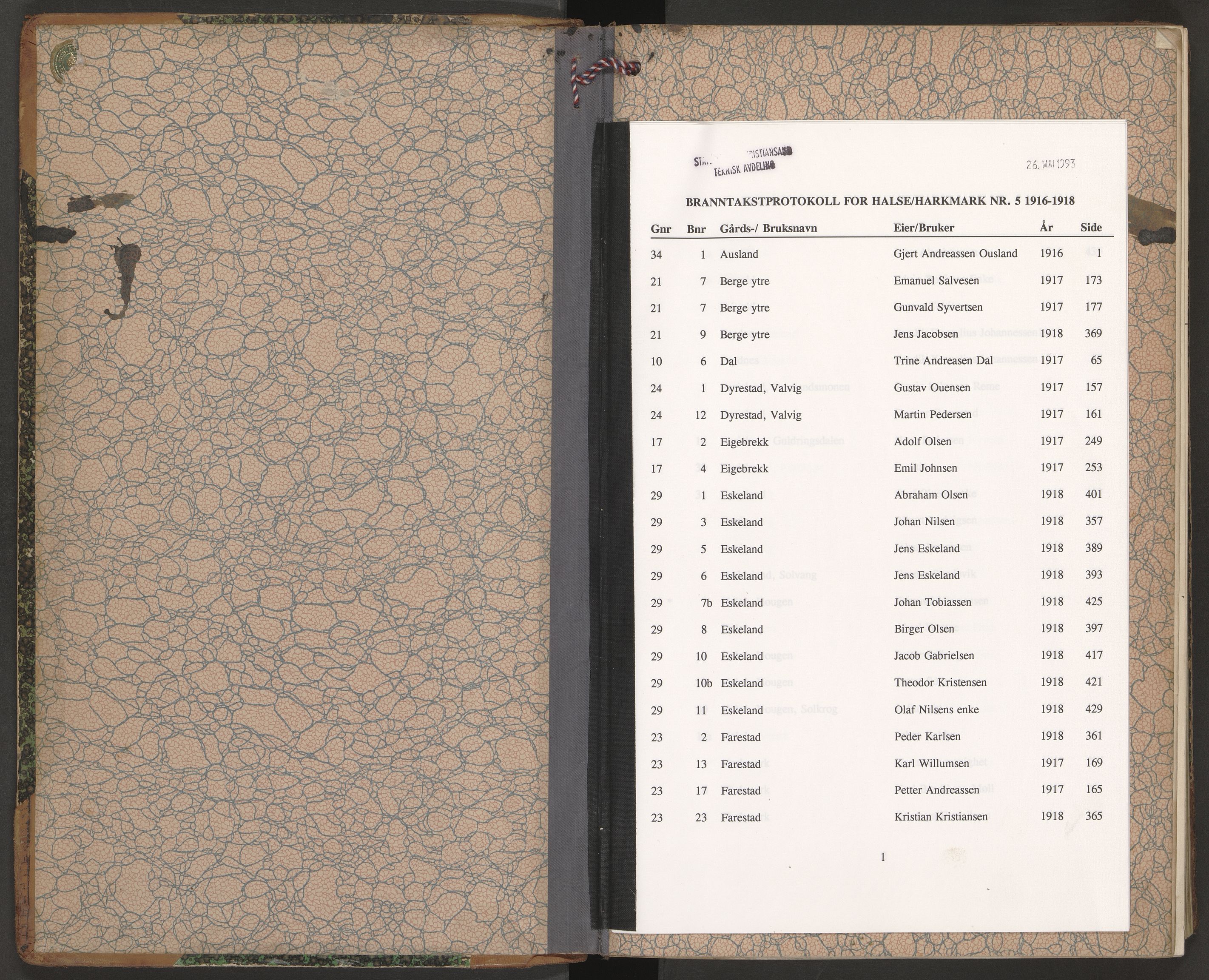 Norges Brannkasse Halse og Harkmark, AV/SAK-2241-0020/F/Fa/L0005: Branntakstprotokoll nr. 5 med gårdsnavnregister, 1916-1918