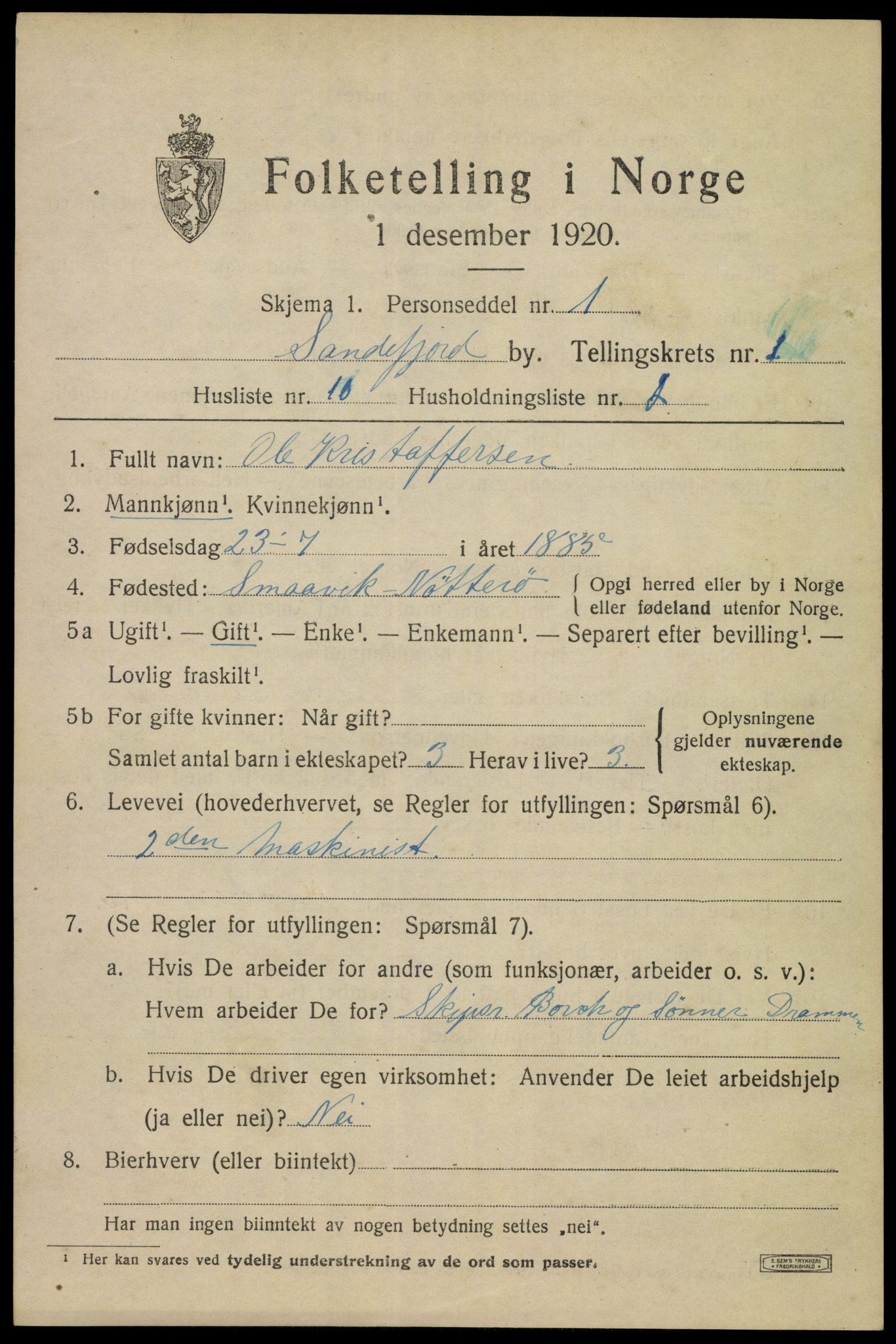 SAKO, 1920 census for Sandefjord, 1920, p. 4308