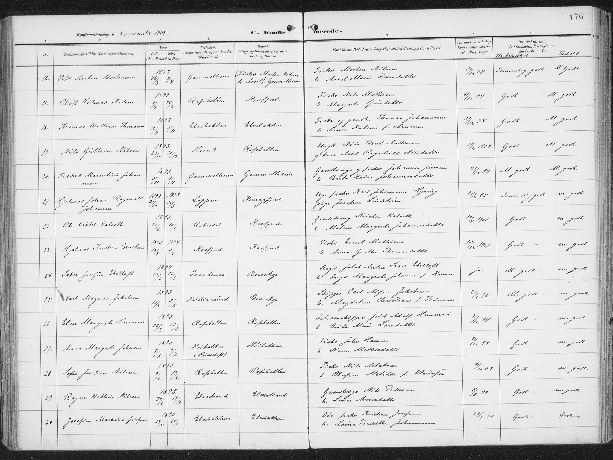 Alta sokneprestkontor, AV/SATØ-S-1338/H/Ha/L0005.kirke: Parish register (official) no. 5, 1904-1918, p. 176