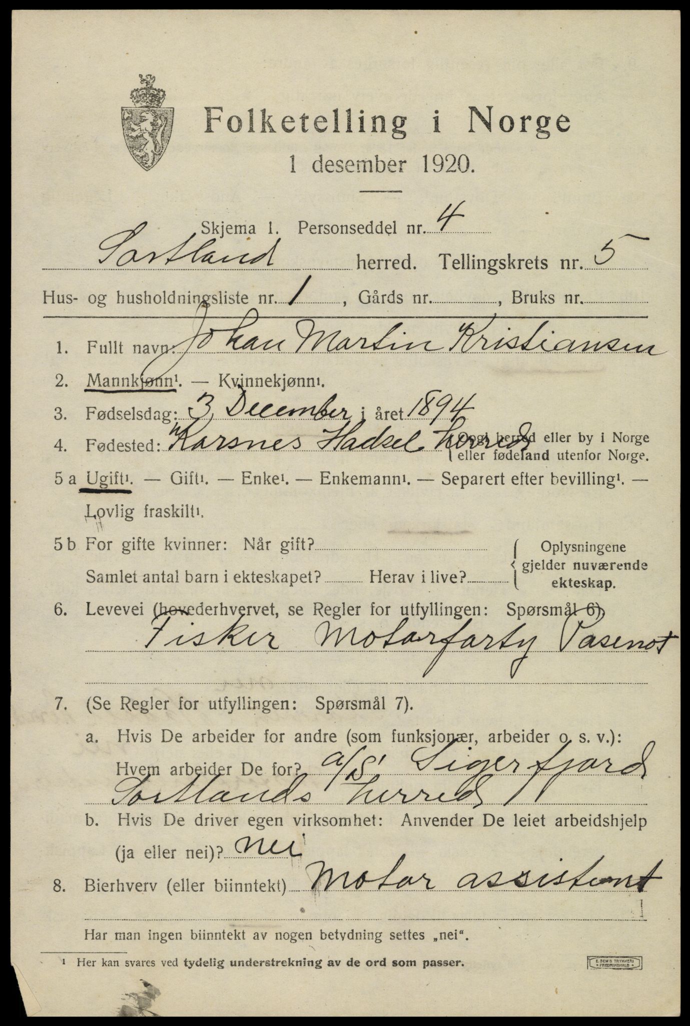 SAT, 1920 census for Sortland, 1920, p. 5478