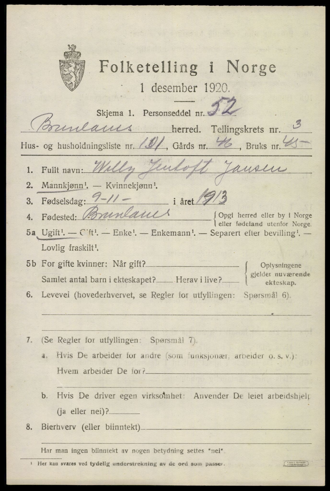 SAKO, 1920 census for Brunlanes, 1920, p. 6071