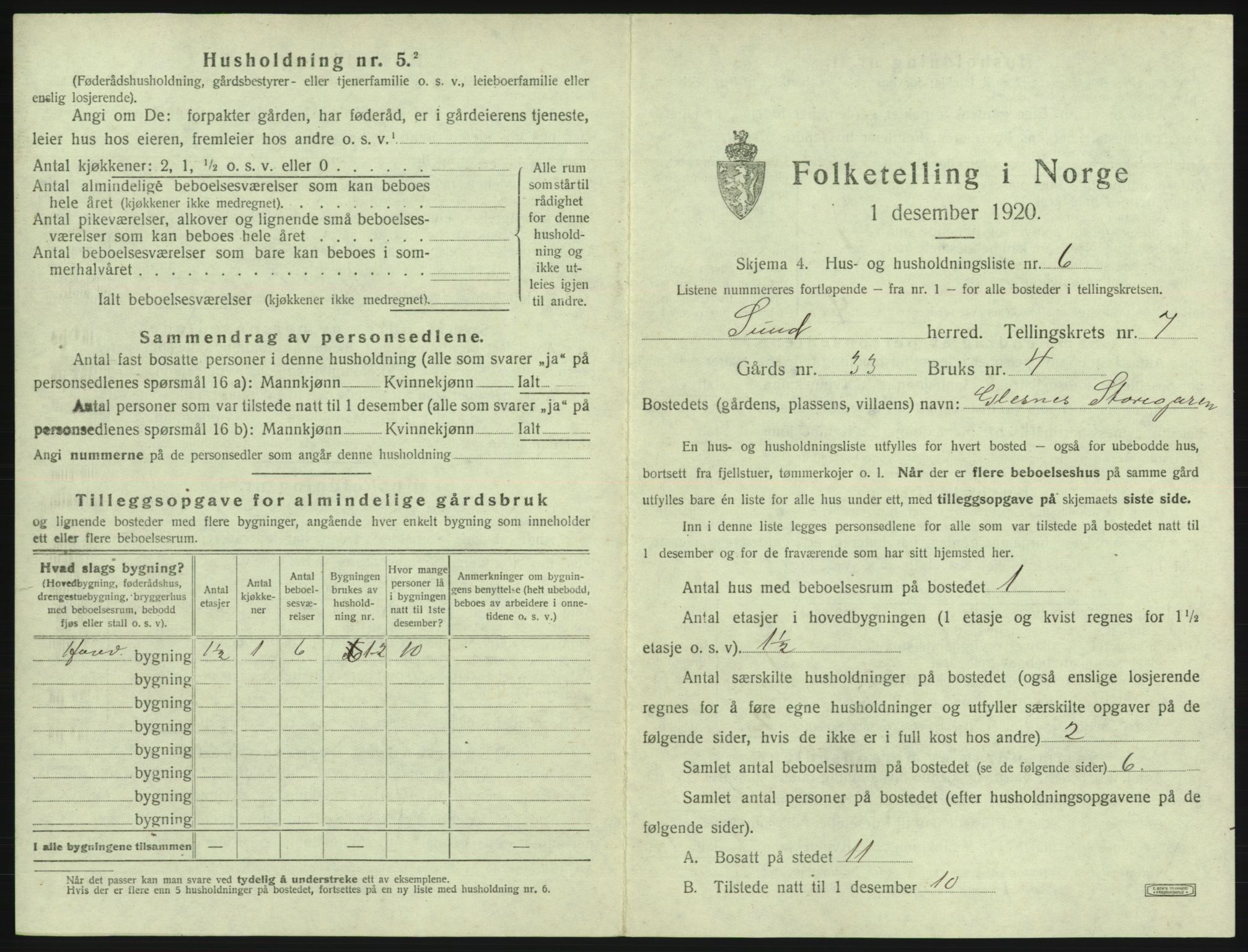 SAB, 1920 census for Sund, 1920, p. 602