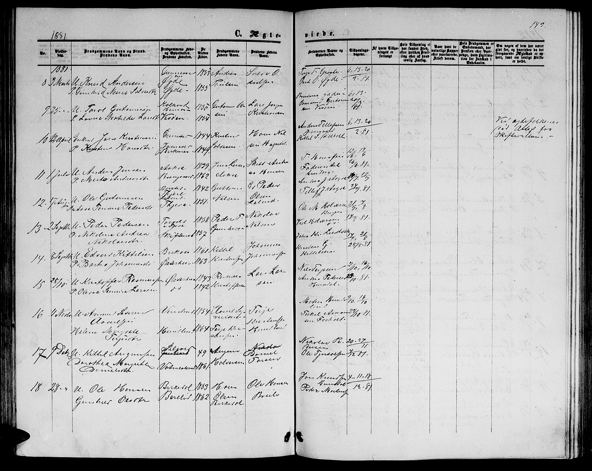 Hommedal sokneprestkontor, SAK/1111-0023/F/Fb/Fbb/L0006: Parish register (copy) no. B 6, 1869-1884, p. 143