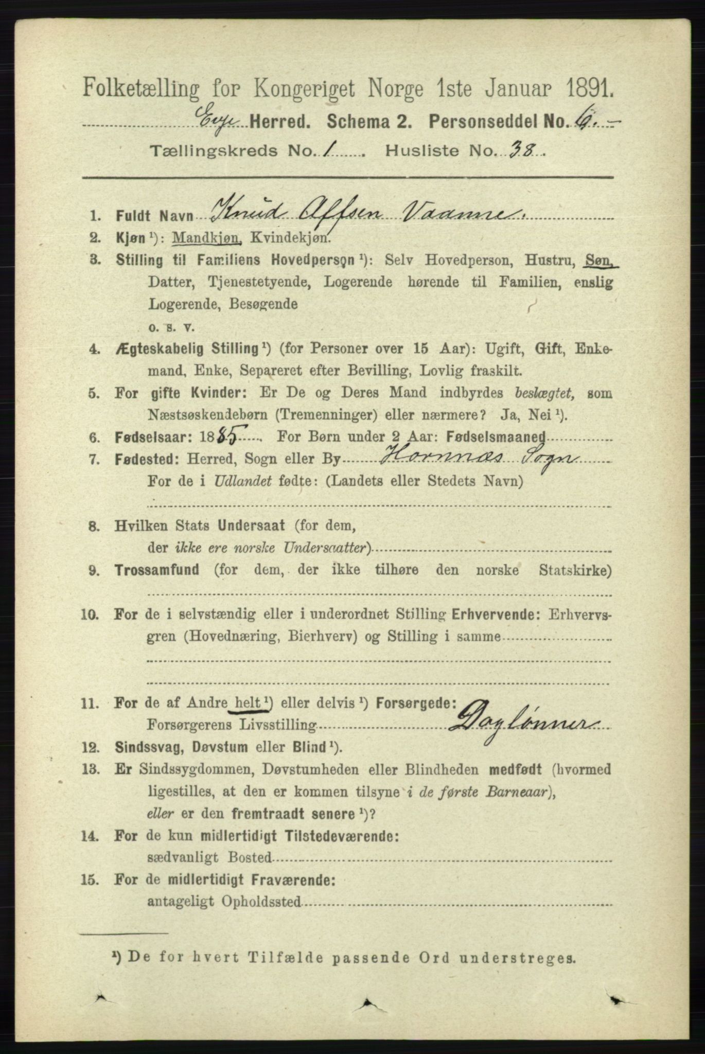 RA, 1891 census for 0937 Evje, 1891, p. 329