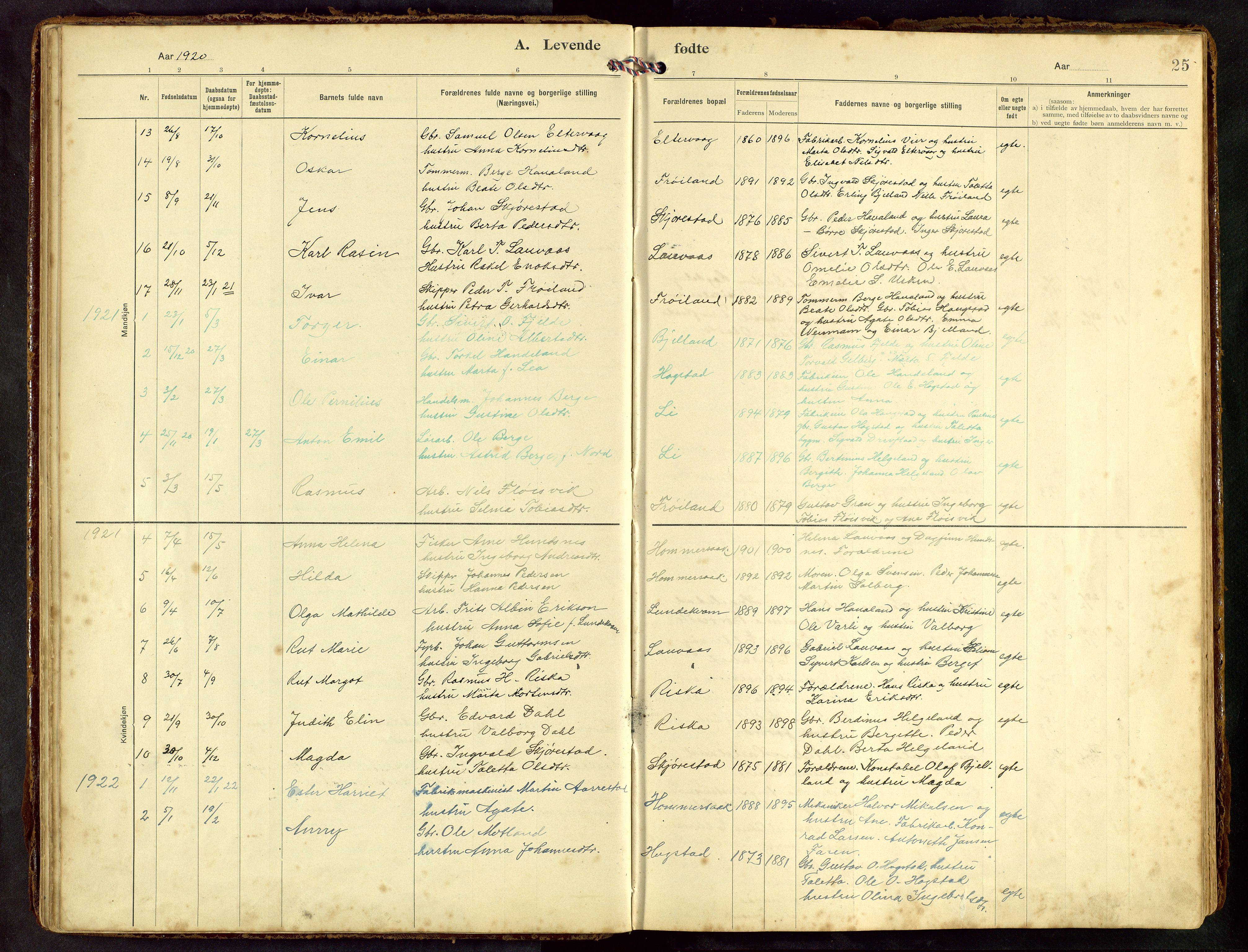 Hetland sokneprestkontor, SAST/A-101826/30/30BB/L0010: Parish register (copy) no. B 10, 1910-1968, p. 25