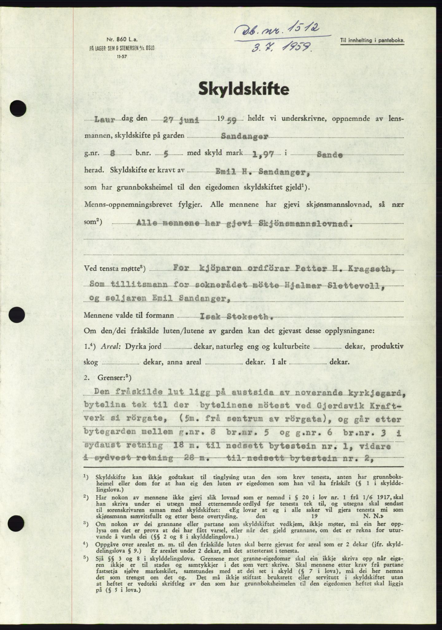 Søre Sunnmøre sorenskriveri, AV/SAT-A-4122/1/2/2C/L0113: Mortgage book no. 39A, 1959-1959, Diary no: : 1512/1959