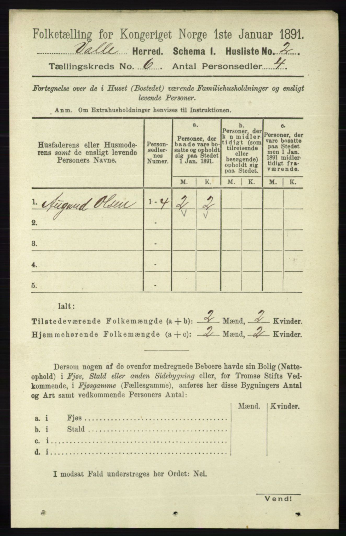 RA, 1891 census for 0940 Valle, 1891, p. 1636