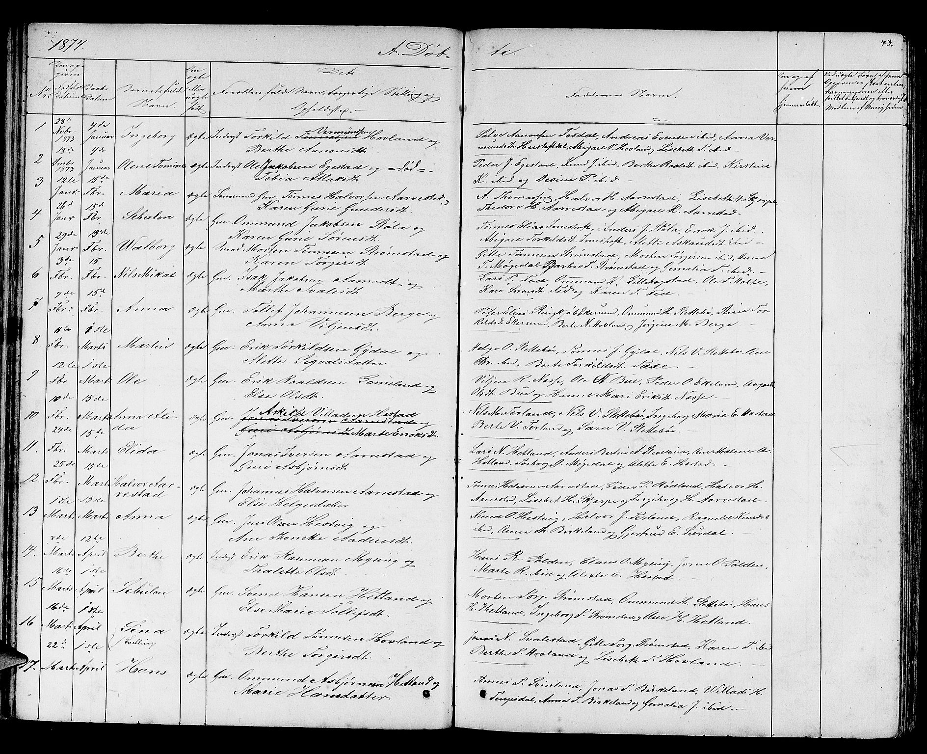 Helleland sokneprestkontor, AV/SAST-A-101810: Parish register (copy) no. B 2, 1848-1886, p. 43