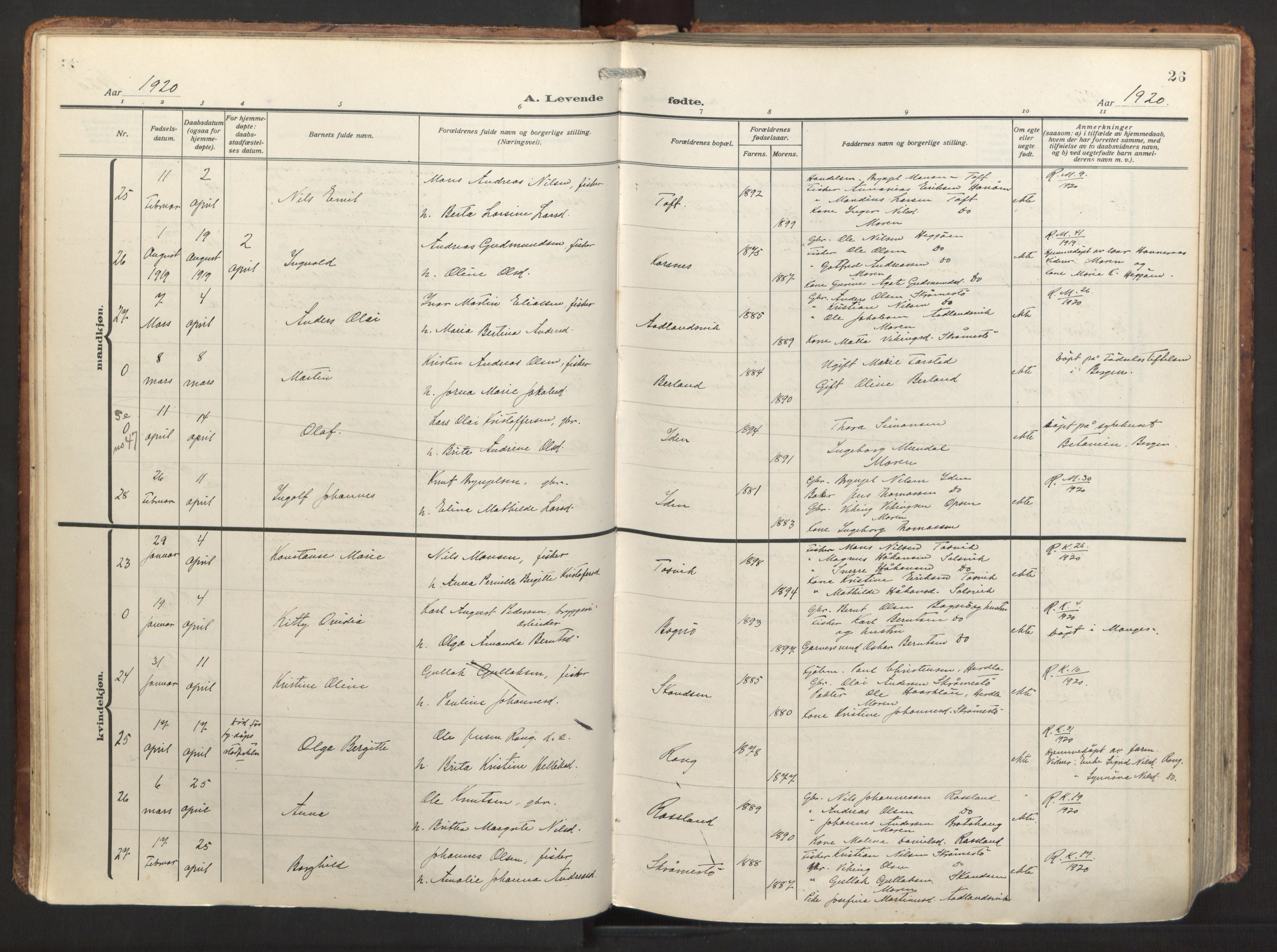 Herdla Sokneprestembete, AV/SAB-A-75701/H/Haa: Parish register (official) no. A 6, 1918-1933, p. 26
