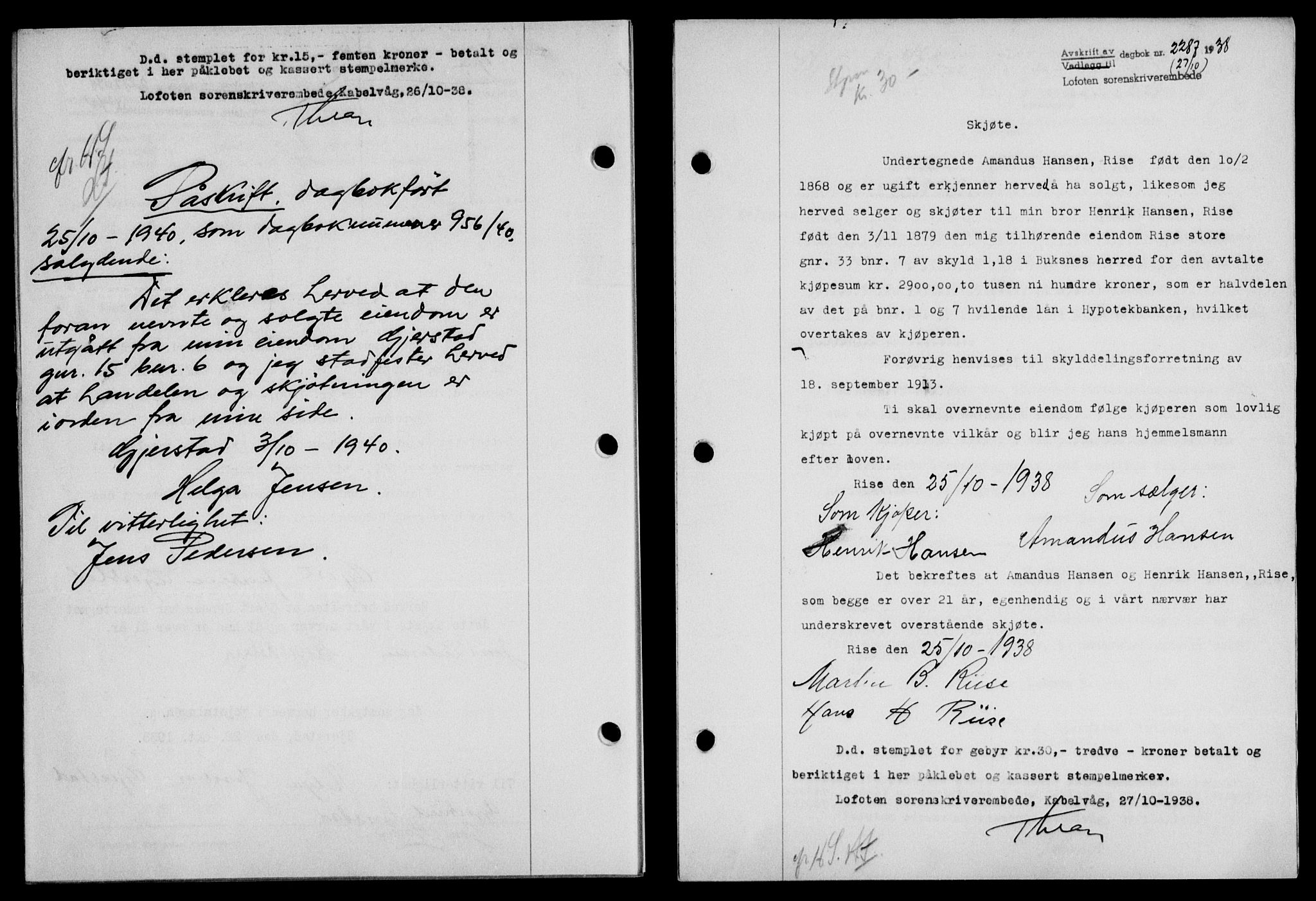 Lofoten sorenskriveri, SAT/A-0017/1/2/2C/L0004a: Mortgage book no. 4a, 1938-1938, Diary no: : 2287/1938