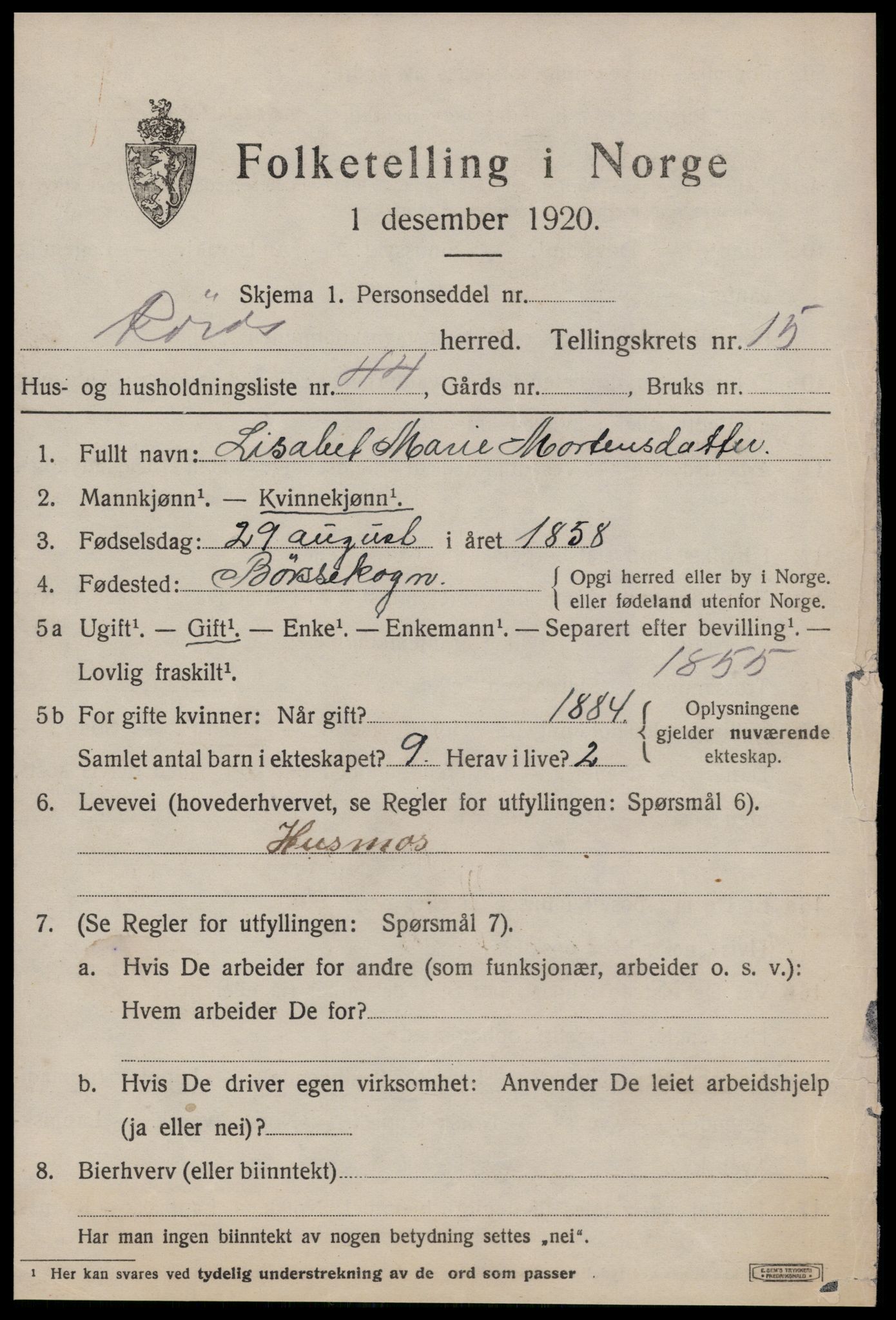 SAT, 1920 census for Røros, 1920, p. 10912