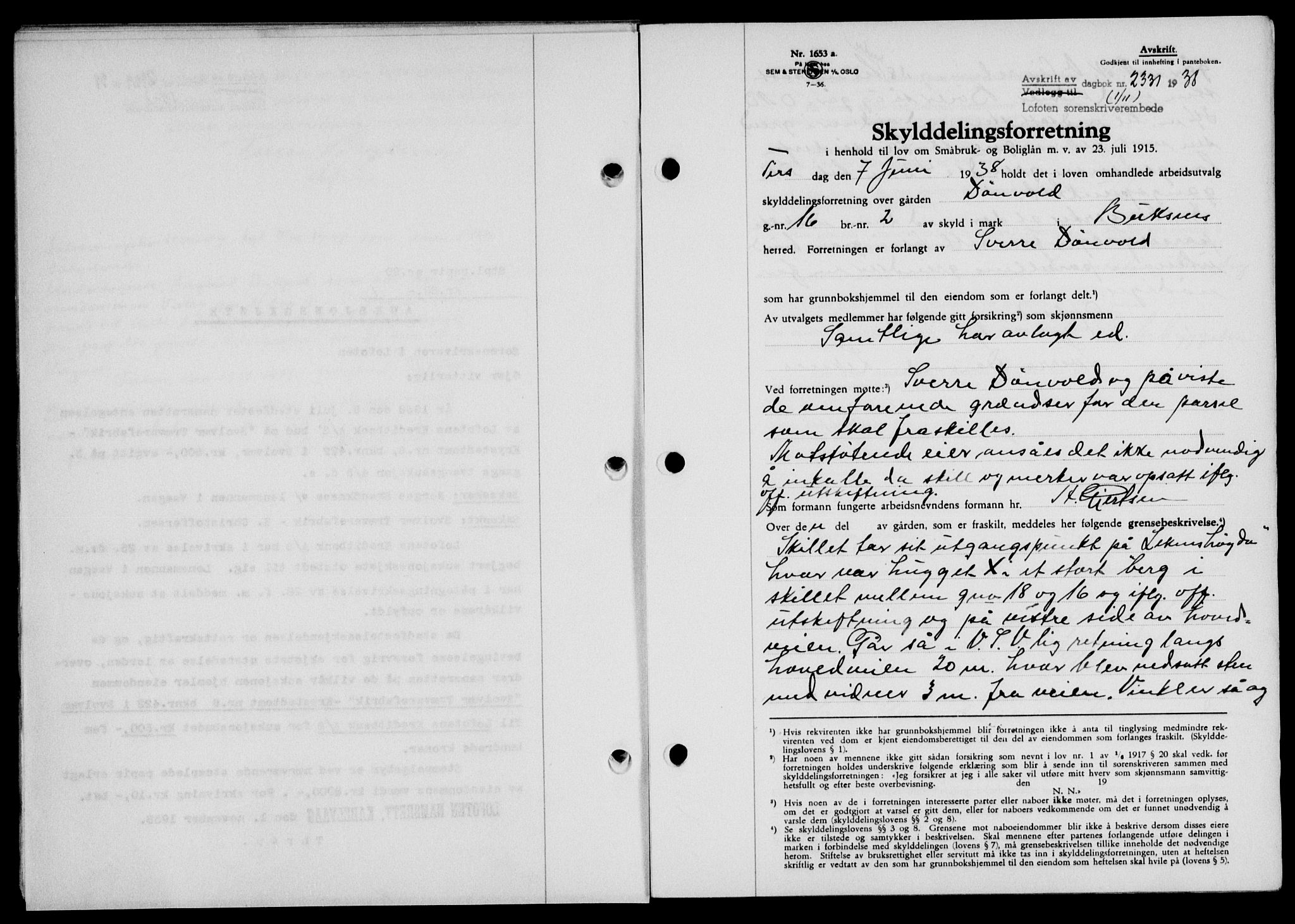 Lofoten sorenskriveri, SAT/A-0017/1/2/2C/L0004a: Mortgage book no. 4a, 1938-1938, Diary no: : 2331/1938