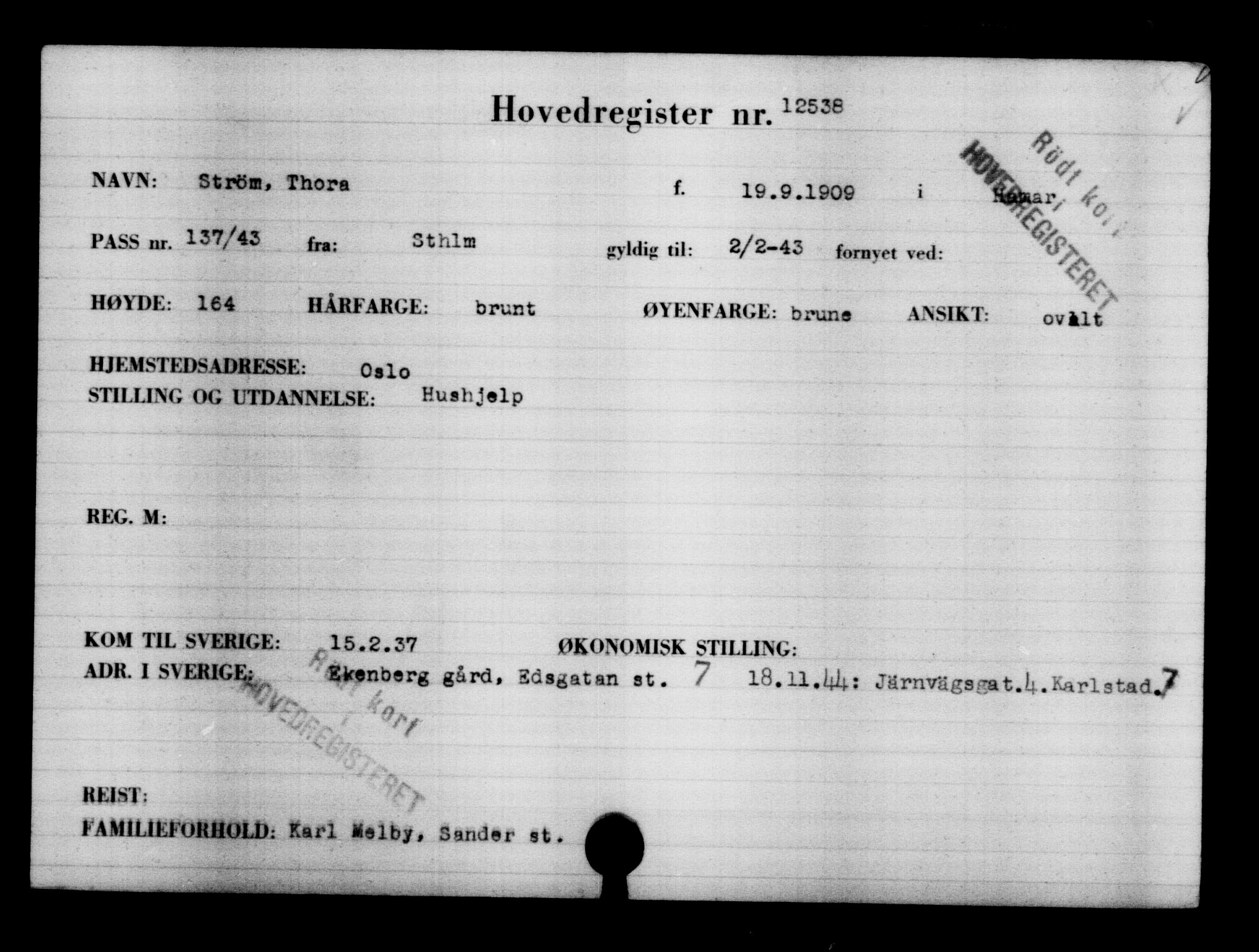 Utenriksstasjonene, Legasjonen i Stockholm, Flyktningkontoret, AV/RA-S-6753/V/Va/L0006: Kjesäterkartoteket, flyktninger med registreringsnr. 9400-12711, 1940-1945, p. 3571