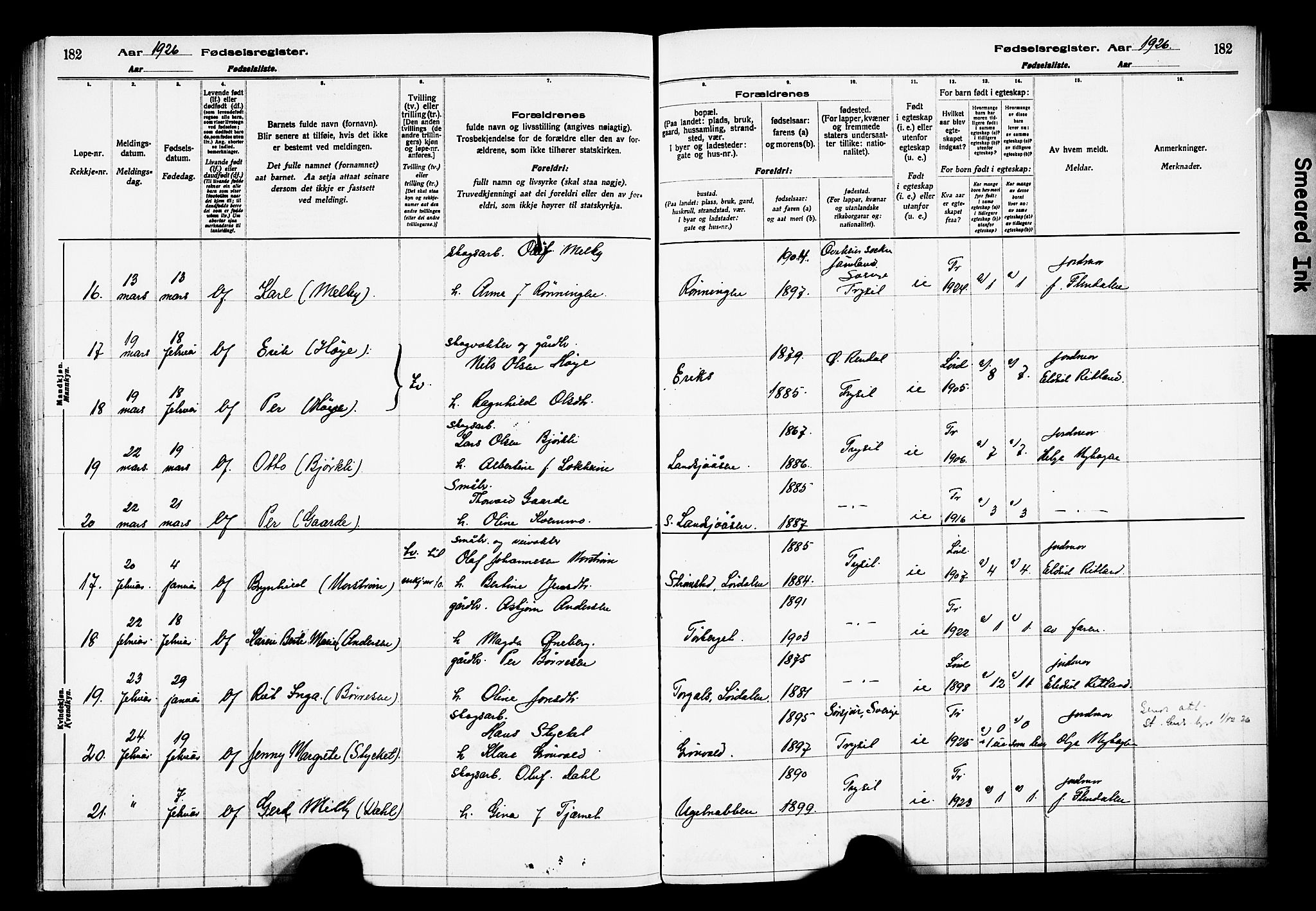 Trysil prestekontor, SAH/PREST-046/I/Id: Birth register no. 1, 1916-1927, p. 182