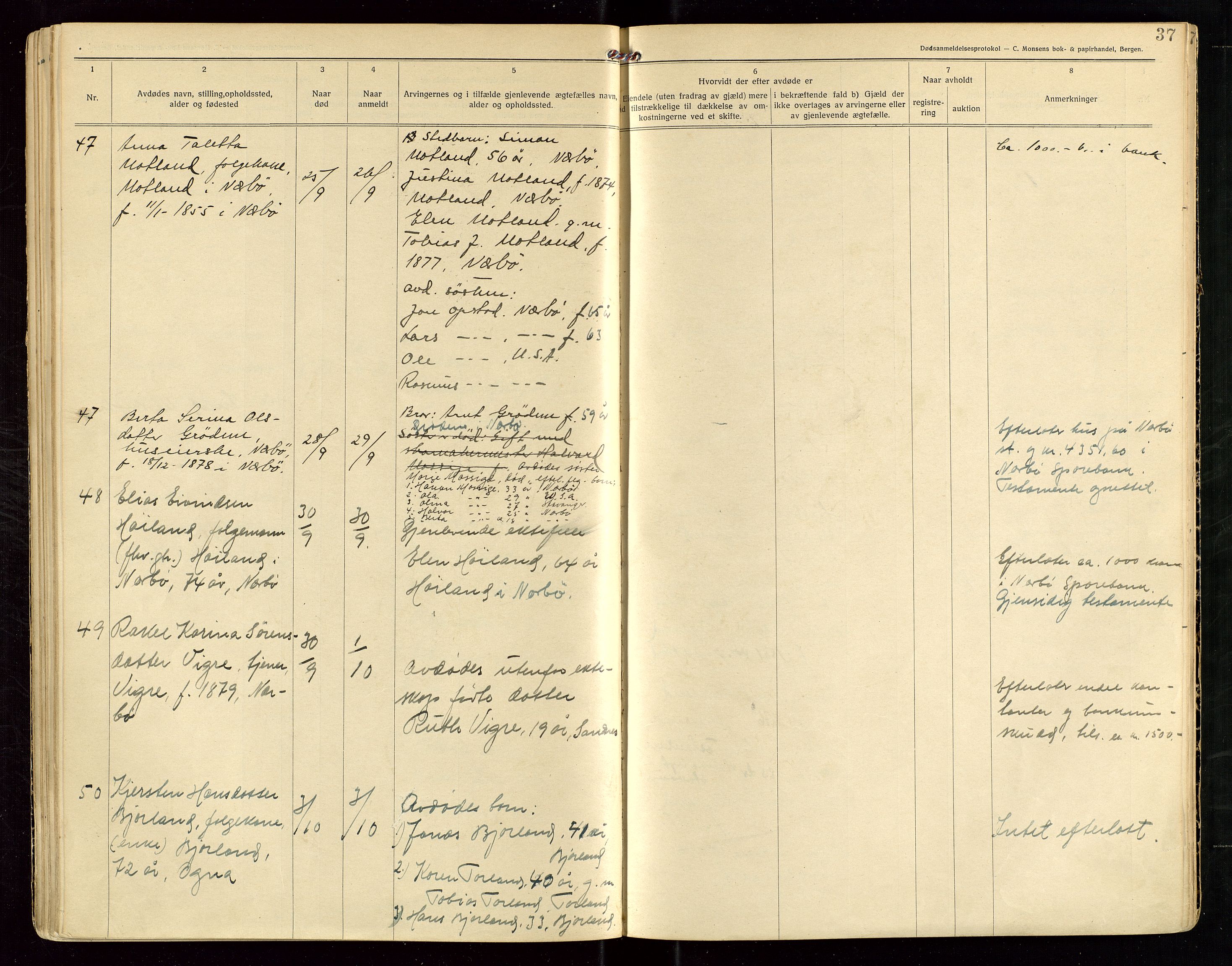 Hå lensmannskontor, AV/SAST-A-100456/Gga/L0003: Dødsfallsprotokoll, 1925-1931, p. 37