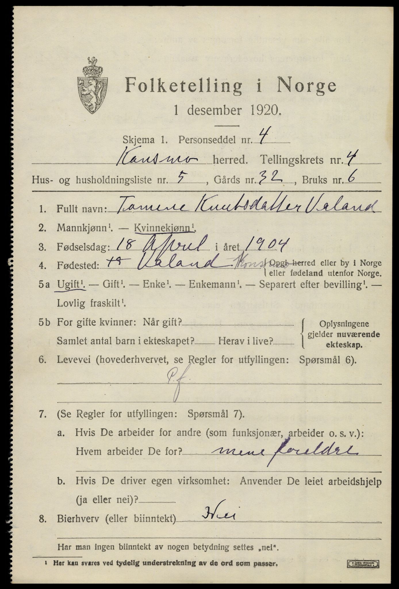 SAK, 1920 census for Konsmo, 1920, p. 1240