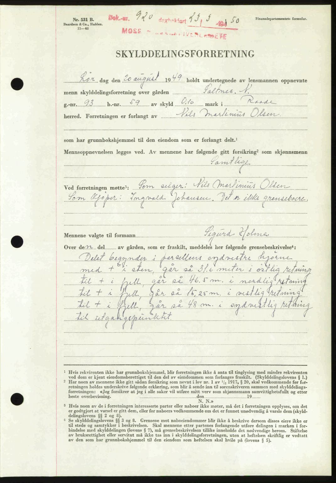 Moss sorenskriveri, SAO/A-10168: Mortgage book no. A25, 1950-1950, Diary no: : 920/1950