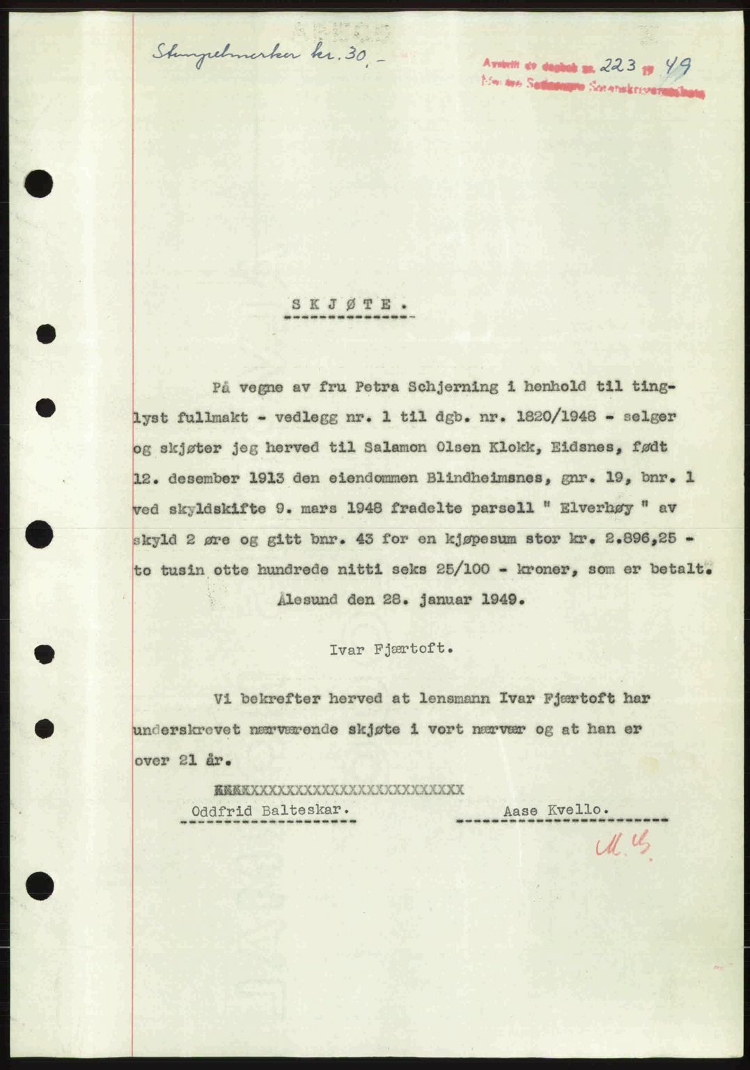 Nordre Sunnmøre sorenskriveri, AV/SAT-A-0006/1/2/2C/2Ca: Mortgage book no. A29, 1948-1949, Diary no: : 223/1949