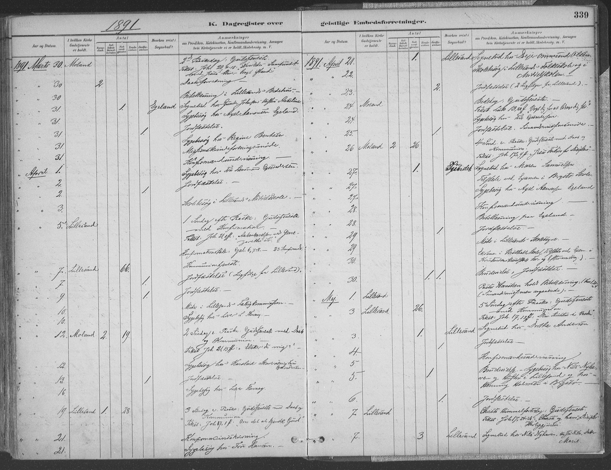 Vestre Moland sokneprestkontor, AV/SAK-1111-0046/F/Fa/Fab/L0009: Parish register (official) no. A 9, 1884-1899, p. 339