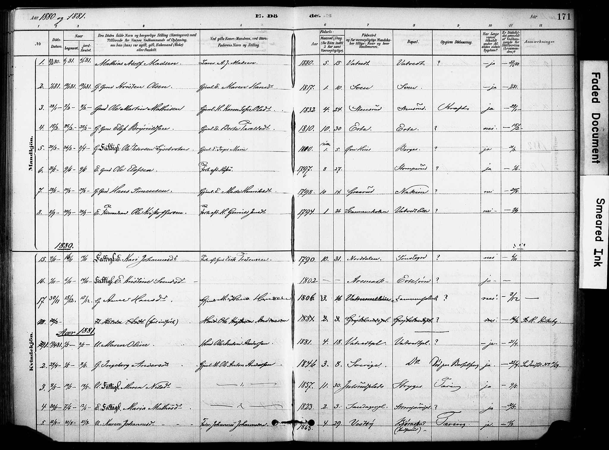 Rakkestad prestekontor Kirkebøker, AV/SAO-A-2008/F/Fb/L0001: Parish register (official) no. II 1, 1878-1899, p. 171