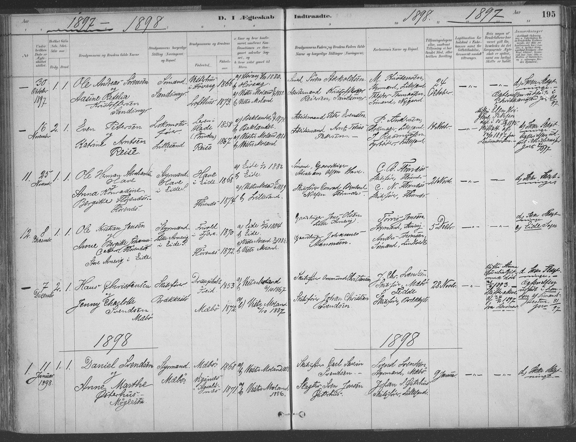 Vestre Moland sokneprestkontor, SAK/1111-0046/F/Fa/Fab/L0009: Parish register (official) no. A 9, 1884-1899, p. 195