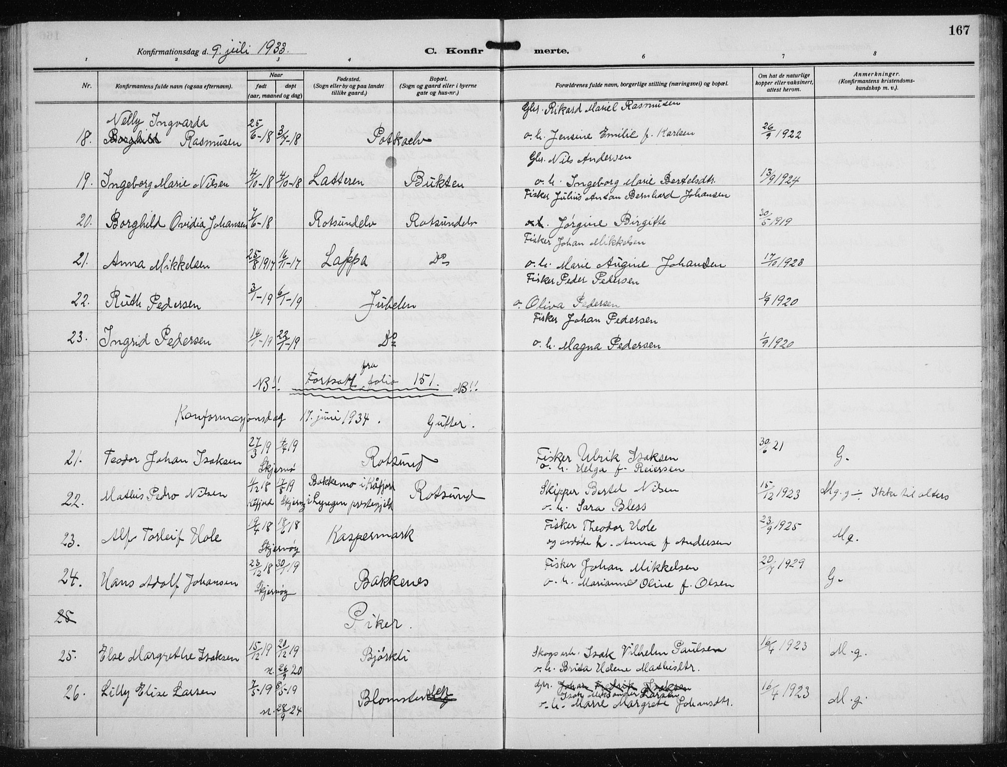 Skjervøy sokneprestkontor, AV/SATØ-S-1300/H/Ha/Hab/L0023klokker: Parish register (copy) no. 23, 1927-1943, p. 167