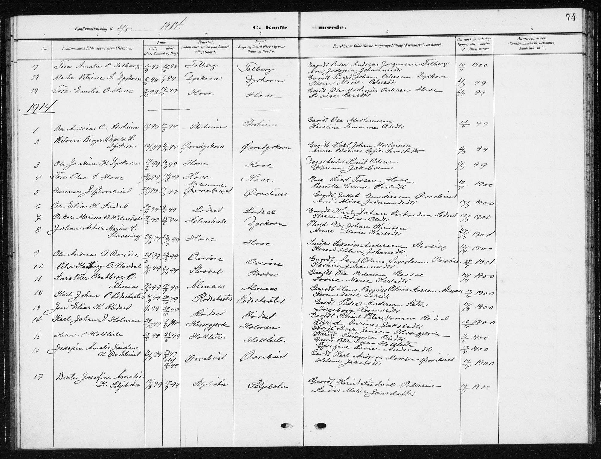 Ministerialprotokoller, klokkerbøker og fødselsregistre - Møre og Romsdal, AV/SAT-A-1454/521/L0303: Parish register (copy) no. 521C04, 1908-1943, p. 74