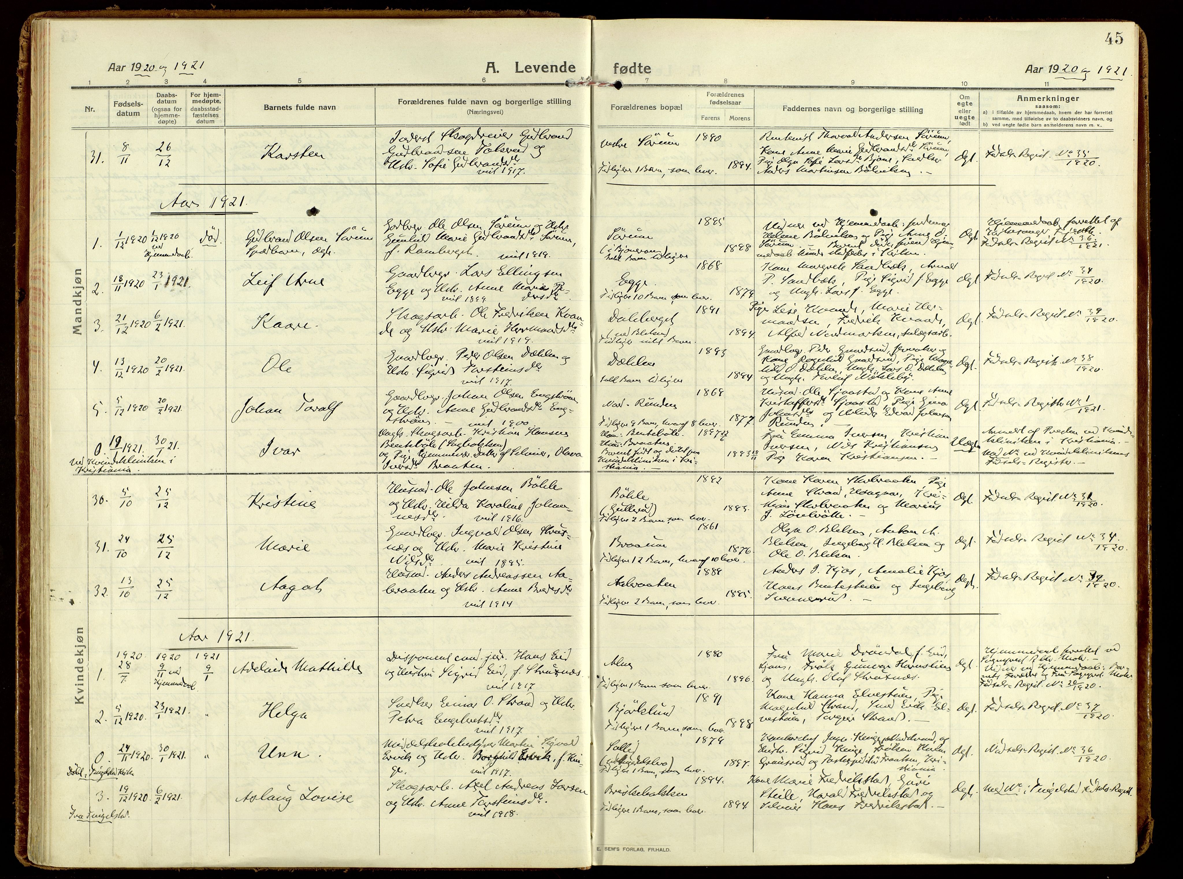 Brandbu prestekontor, AV/SAH-PREST-114/H/Ha/Haa/L0004: Parish register (official) no. 4, 1913-1923, p. 45