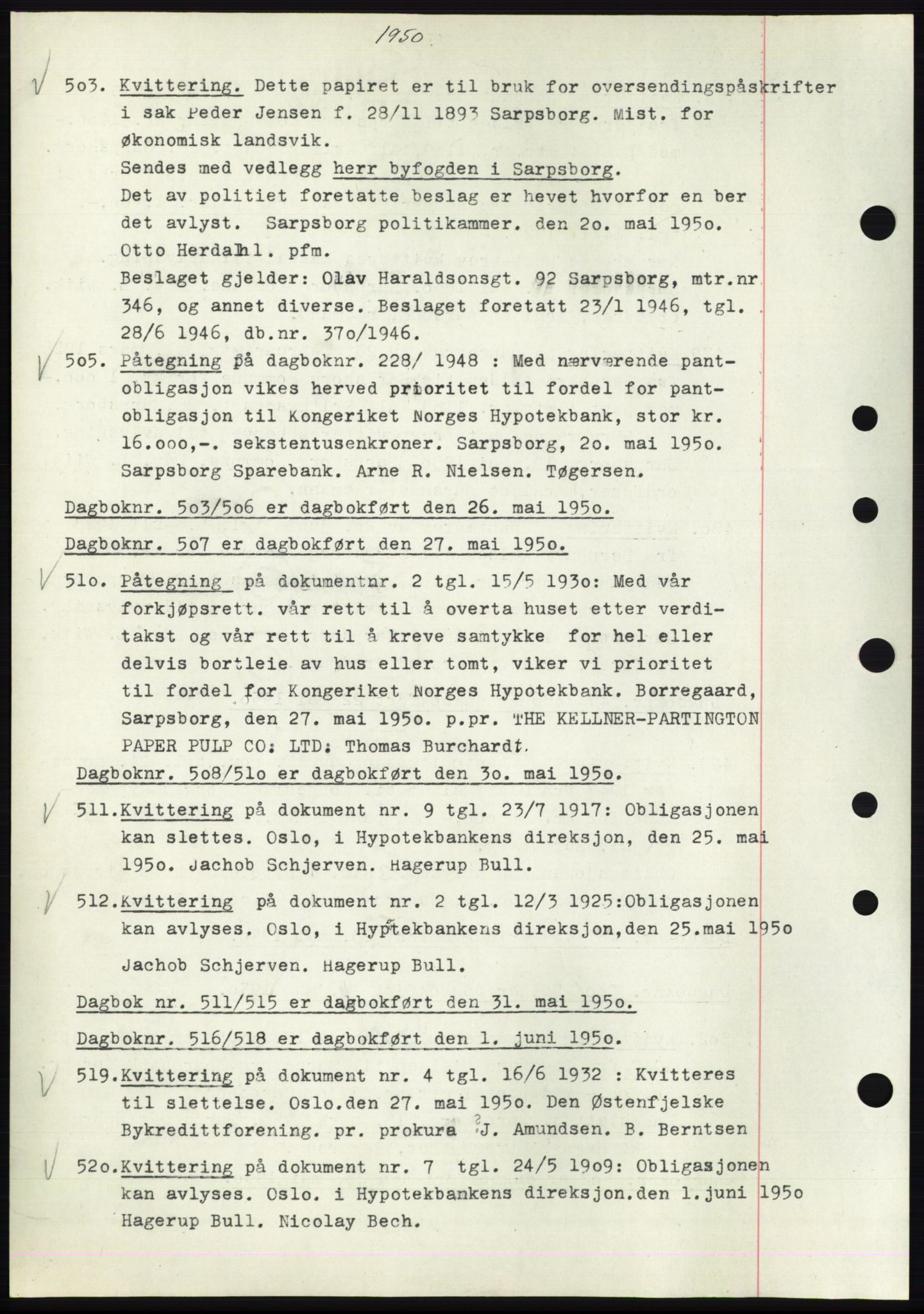 Sarpsborg byfogd, SAO/A-10864/G/Ga/Gae/L0001: Mortgage book no. C1, 1943-1951, Deed date: 26.05.1950