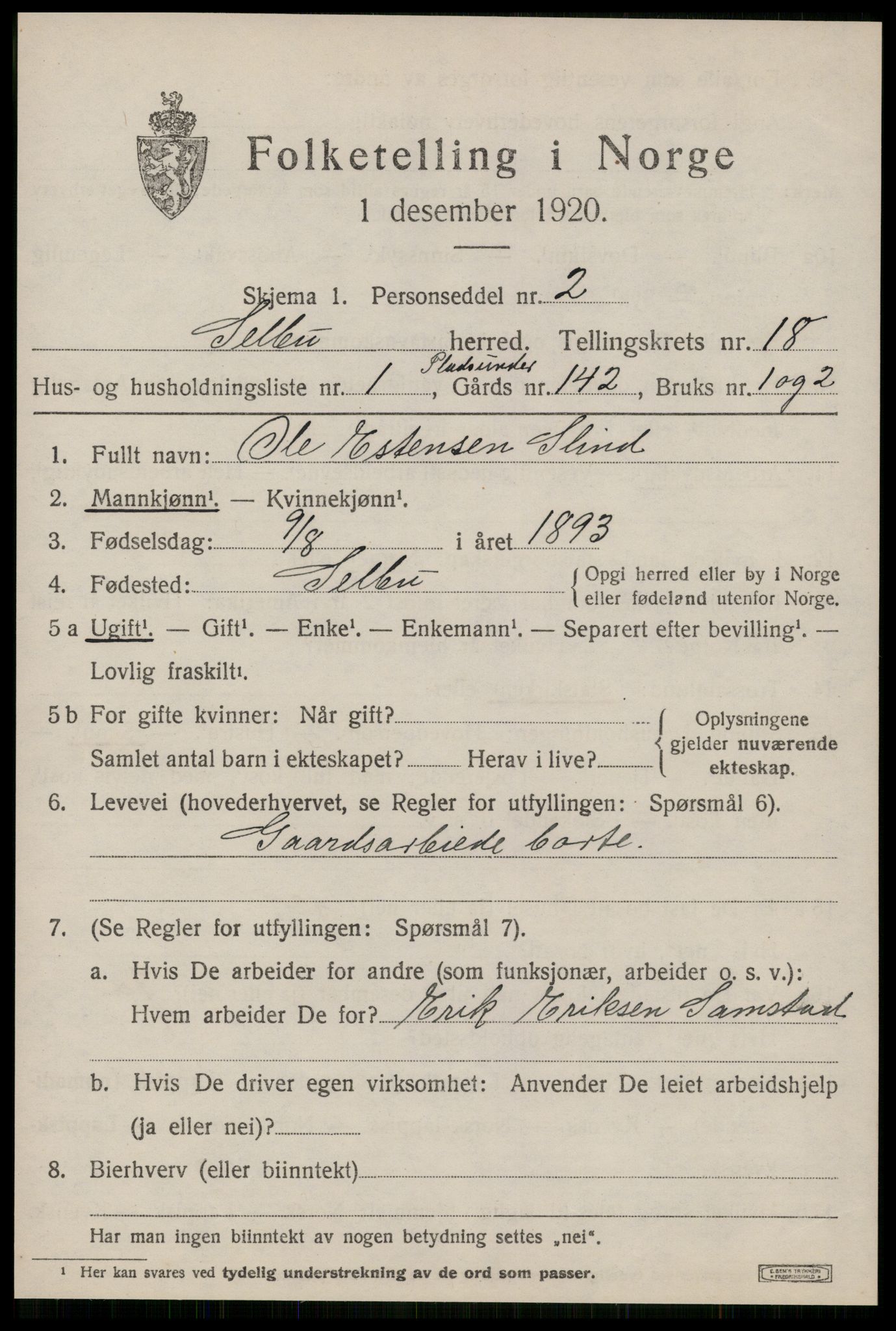 SAT, 1920 census for Selbu, 1920, p. 9444