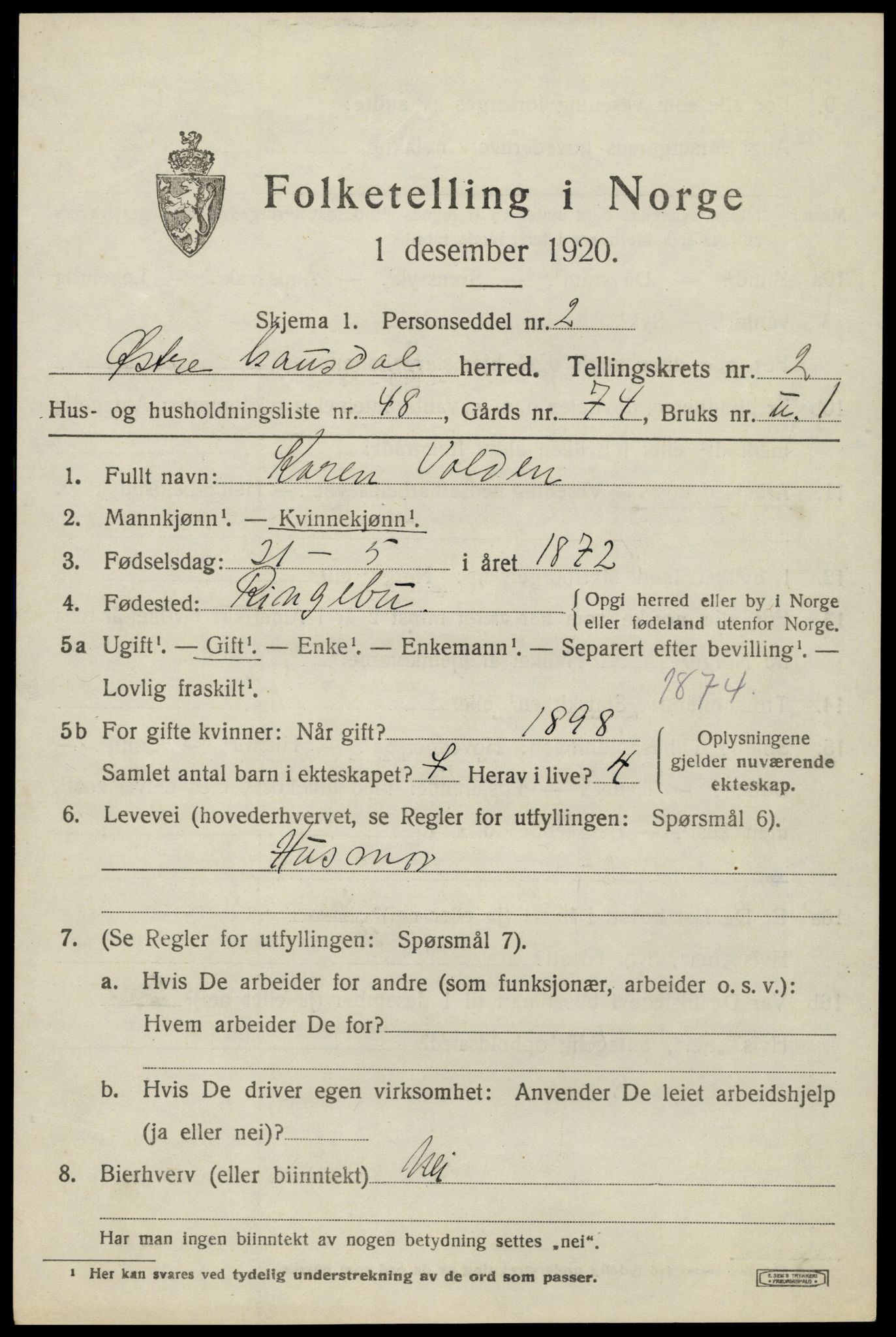 SAH, 1920 census for Østre Gausdal, 1920, p. 1892