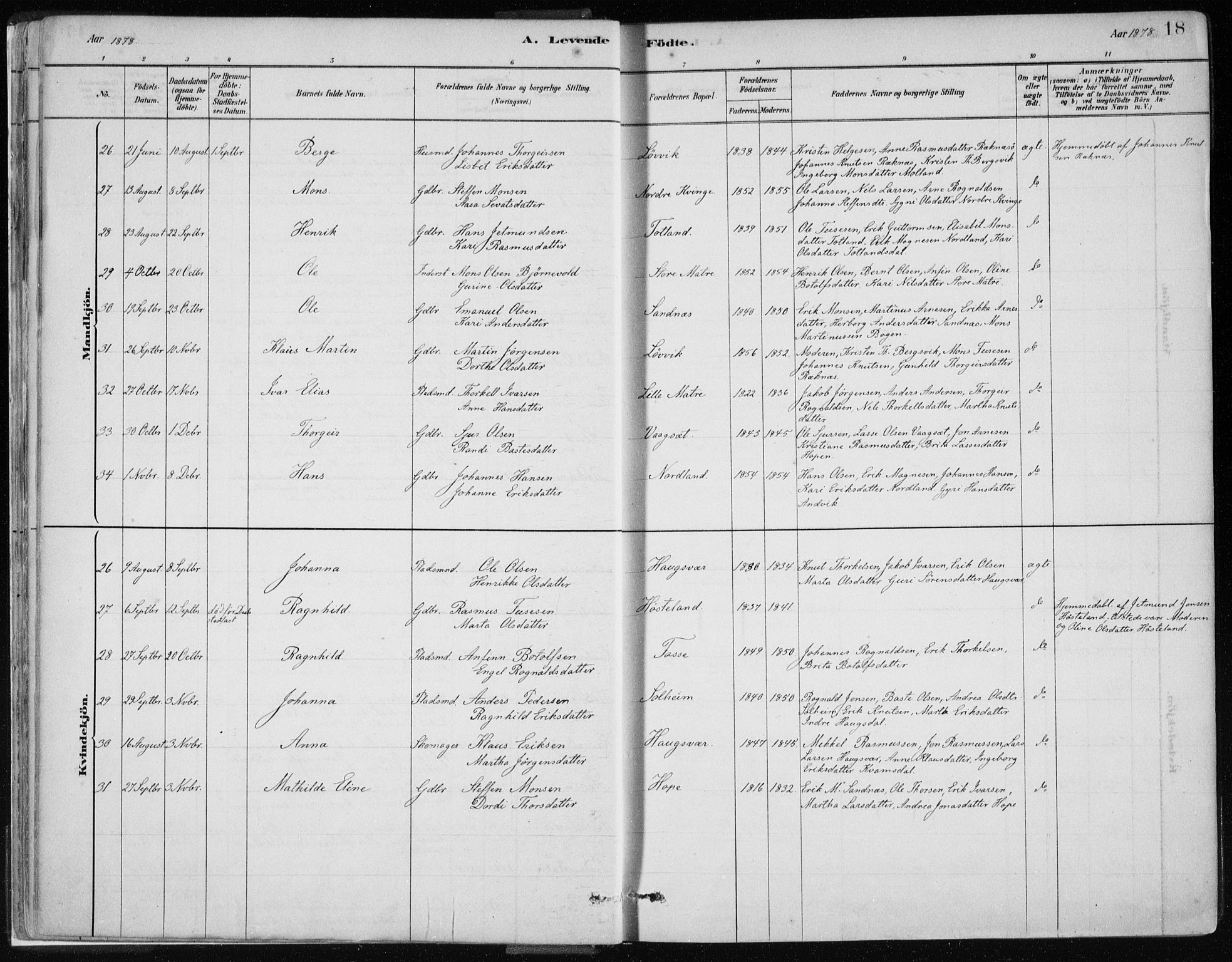 Masfjorden Sokneprestembete, SAB/A-77001: Parish register (official) no. B  1, 1876-1899, p. 18