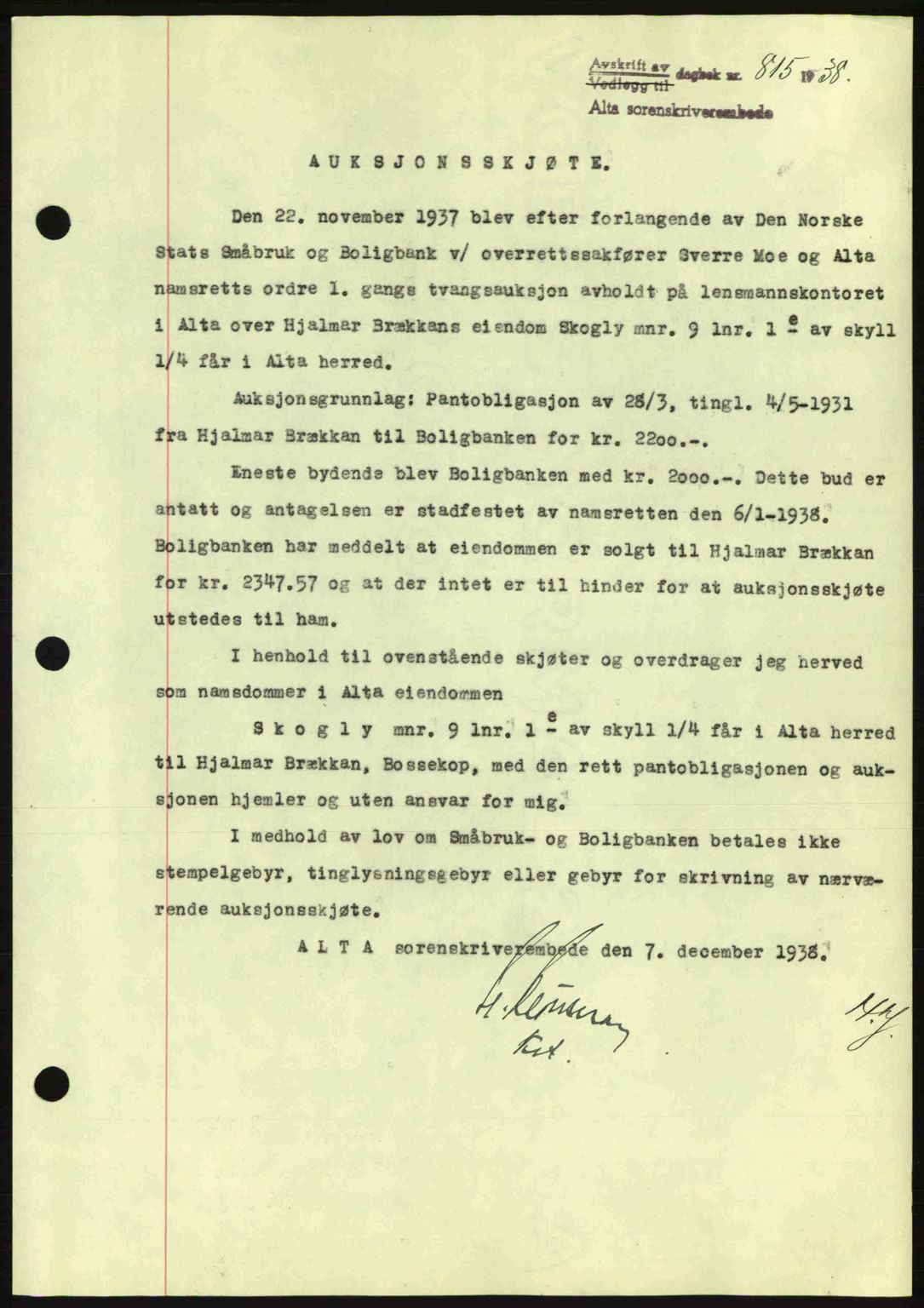 Alta fogderi/sorenskriveri, SATØ/SATØ-5/1/K/Kd/L0031pantebok: Mortgage book no. 31, 1938-1939, Diary no: : 815/1938