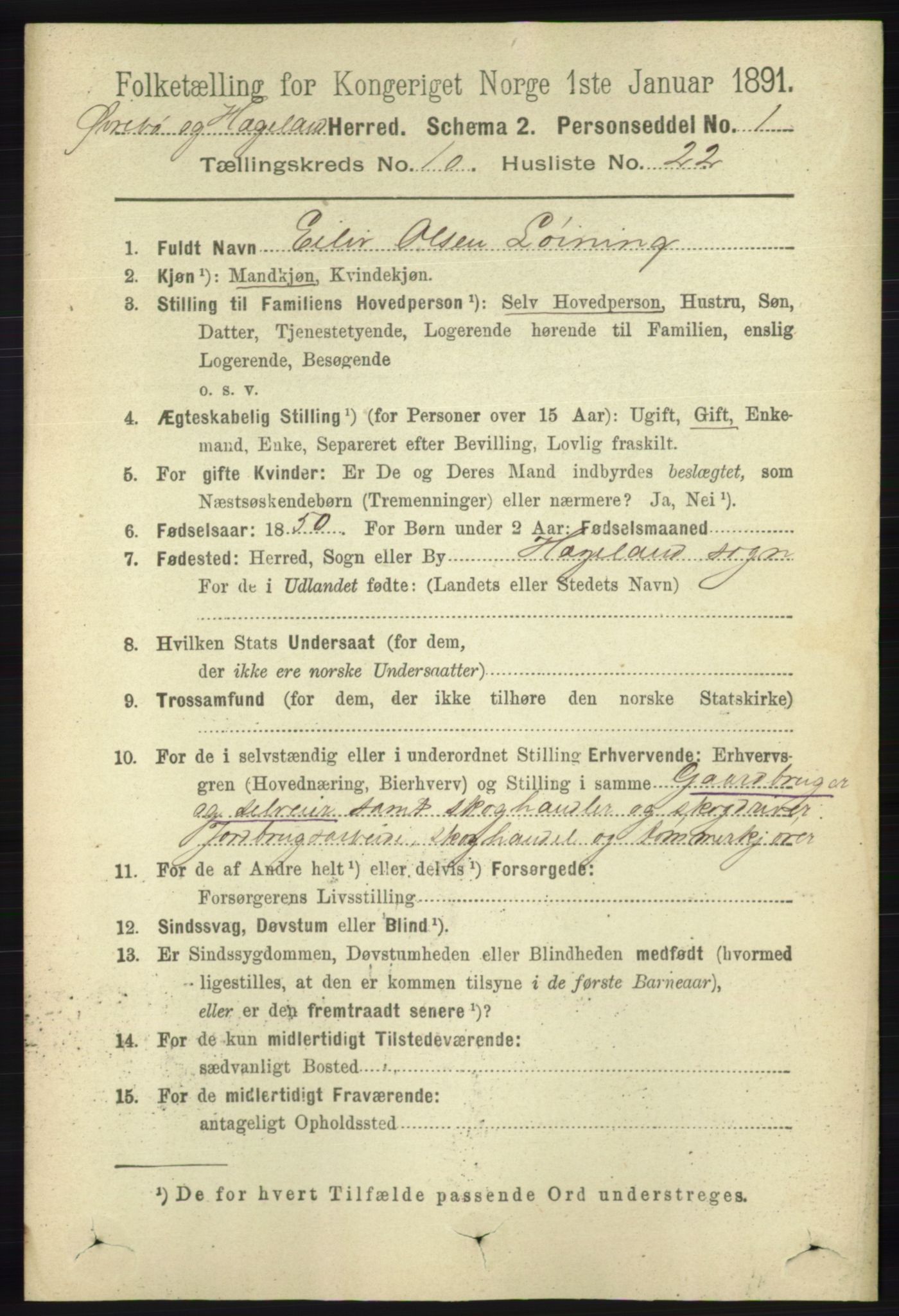 RA, 1891 census for 1016 Øvrebø og Hægeland, 1891, p. 2171