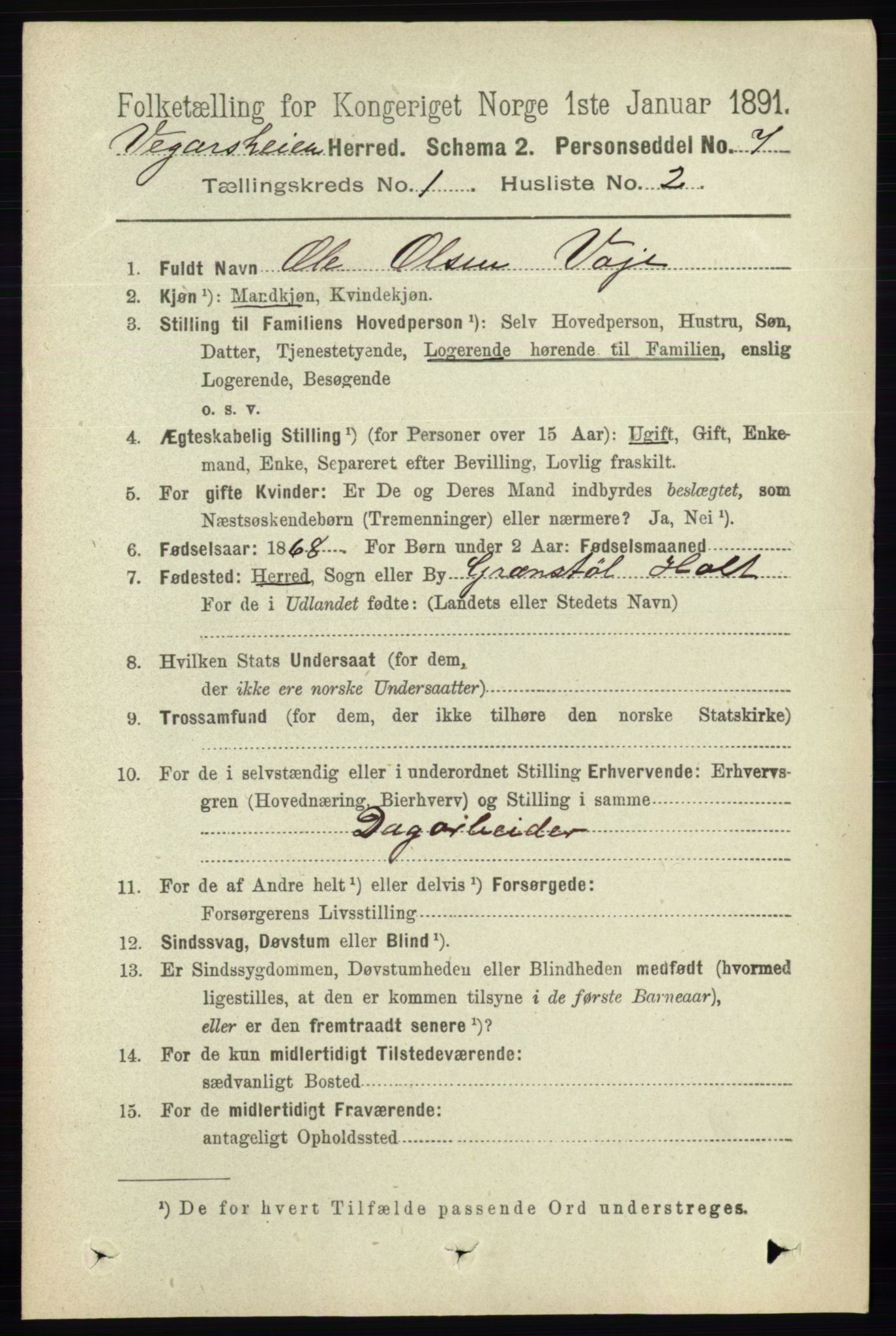 RA, 1891 census for 0912 Vegårshei, 1891, p. 79