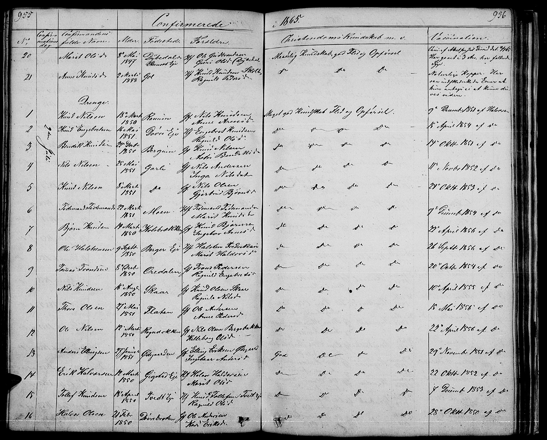 Nord-Aurdal prestekontor, SAH/PREST-132/H/Ha/Hab/L0001: Parish register (copy) no. 1, 1834-1887, p. 955-956