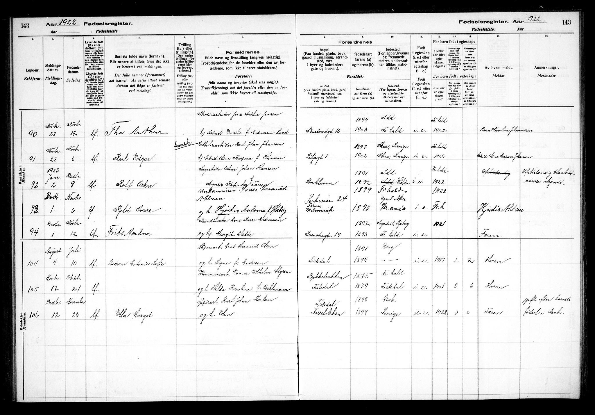 Halden prestekontor Kirkebøker, SAO/A-10909/J/Ja/L0001: Birth register no. I 1, 1916-1925, p. 143