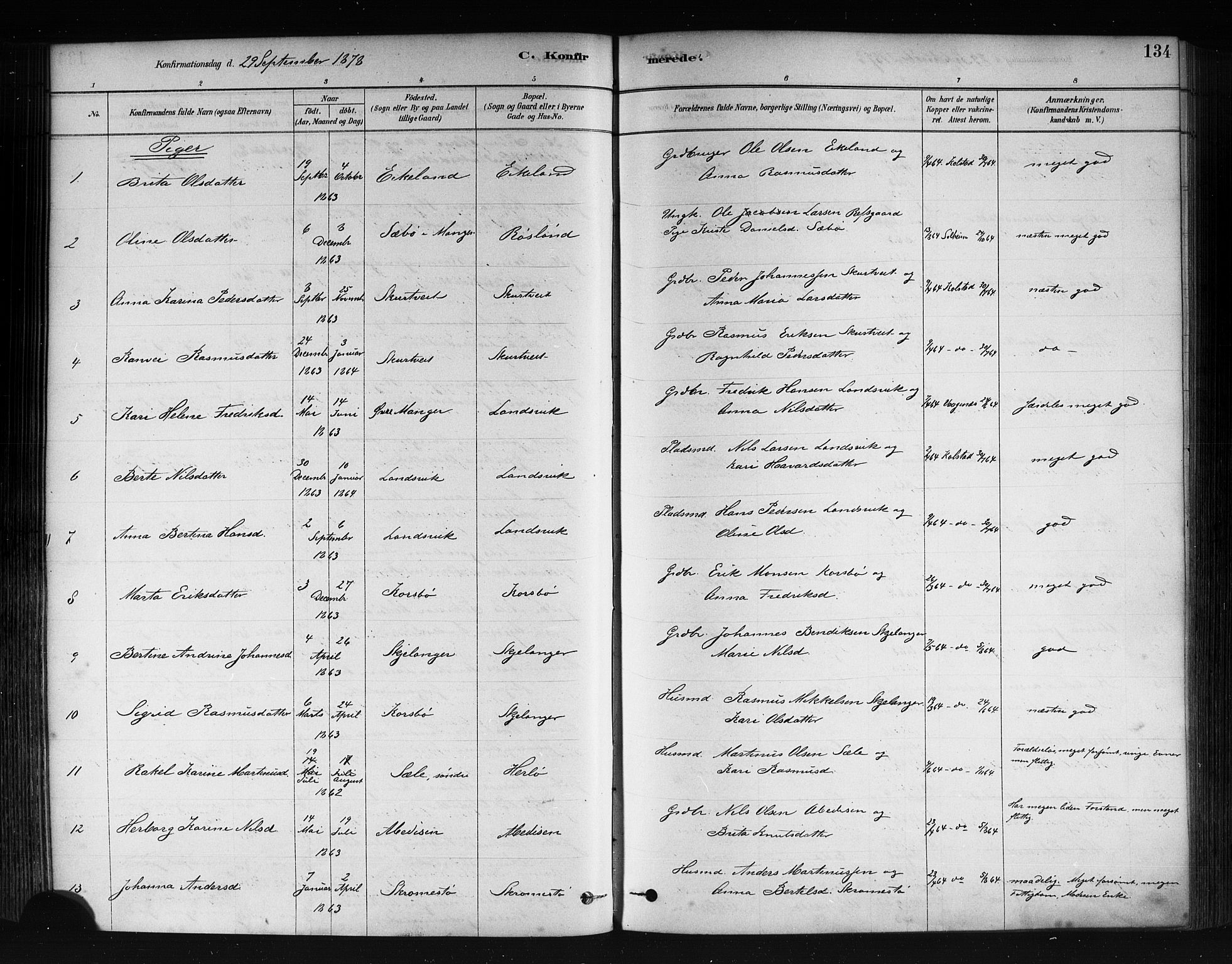 Herdla Sokneprestembete, AV/SAB-A-75701/H/Haa: Parish register (official) no. A 3, 1878-1890, p. 134