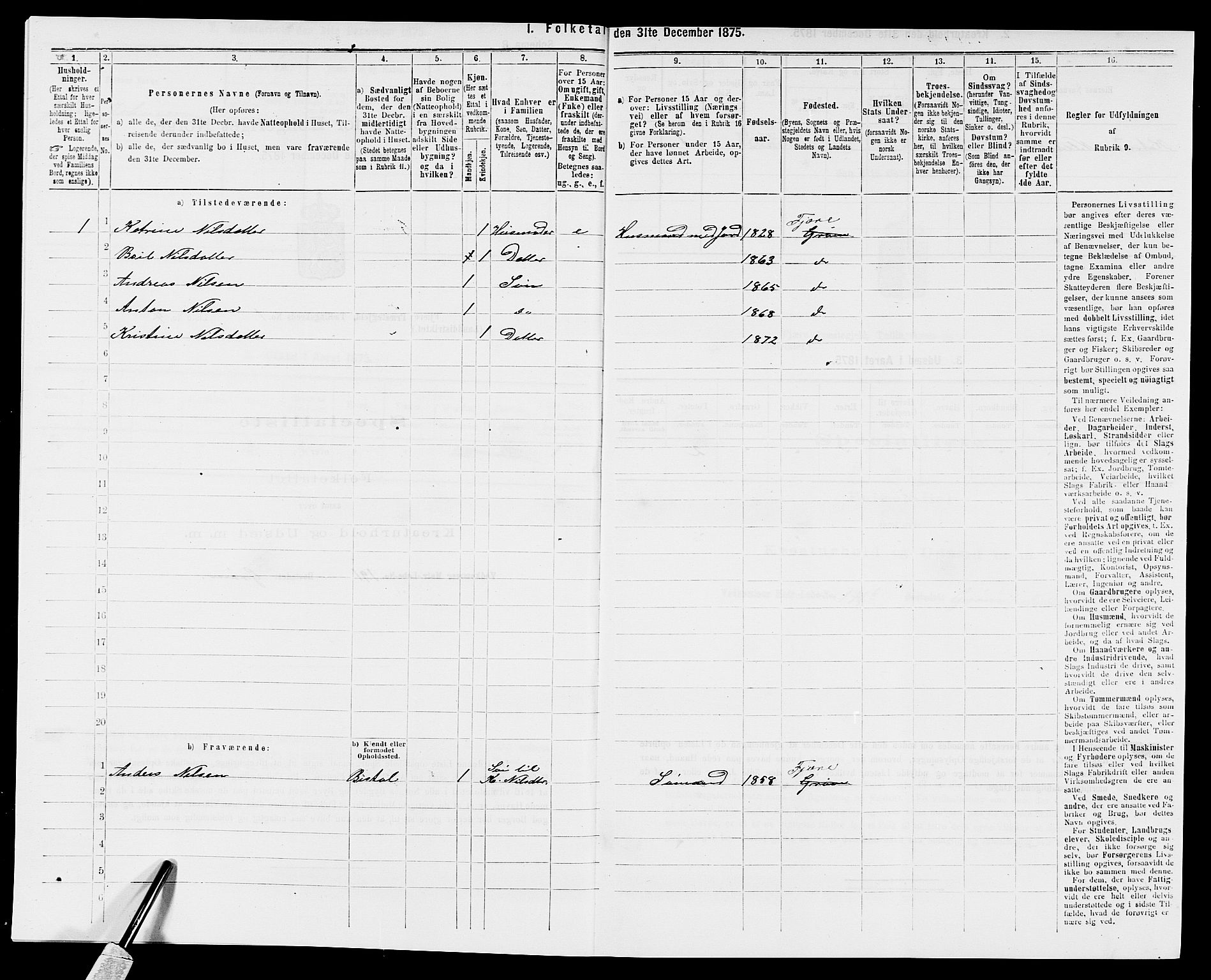 SAK, 1875 census for 0923L Fjære/Fjære, 1875, p. 76