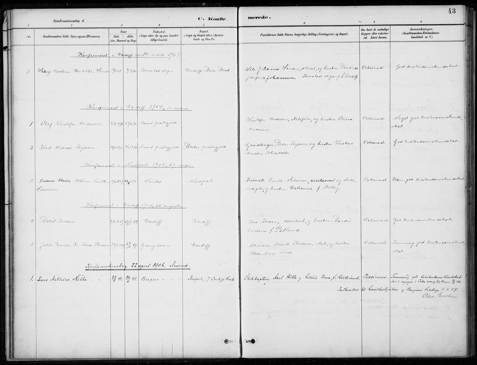 Den norske sjømannsmisjon i utlandet/Bristolhavnene(Cardiff-Swansea), SAB/SAB/PA-0102/H/Ha/Haa/L0002: Parish register (official) no. A 2, 1887-1932, p. 43