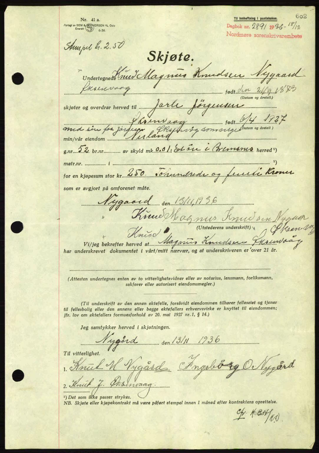 Nordmøre sorenskriveri, AV/SAT-A-4132/1/2/2Ca: Mortgage book no. A80, 1936-1937, Diary no: : 2891/1936