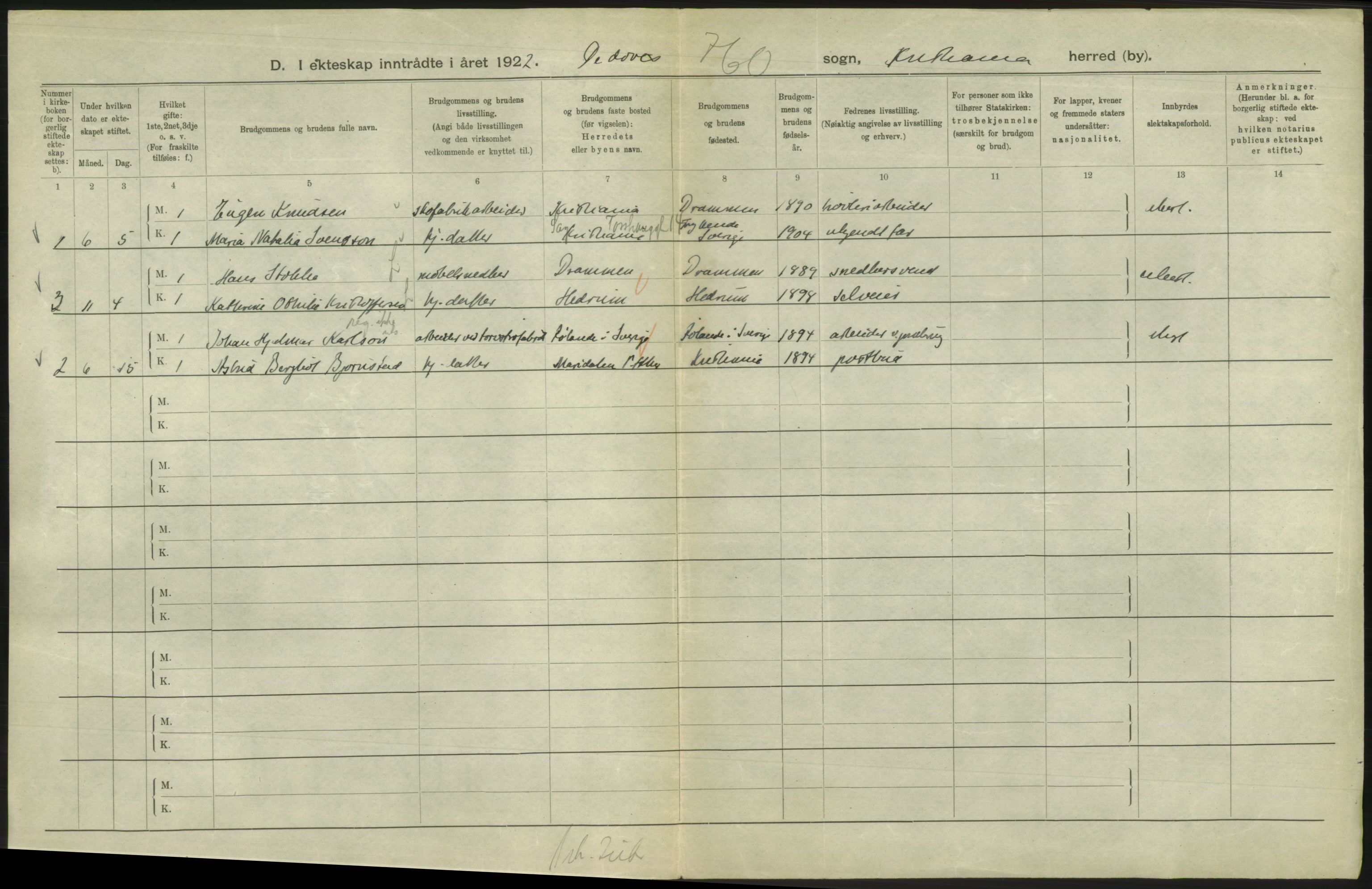 Statistisk sentralbyrå, Sosiodemografiske emner, Befolkning, AV/RA-S-2228/D/Df/Dfc/Dfcb/L0008: Kristiania: Gifte, 1922, p. 2