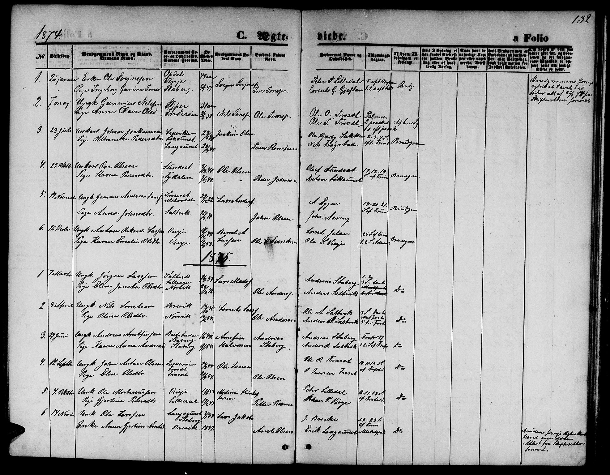 Ministerialprotokoller, klokkerbøker og fødselsregistre - Nord-Trøndelag, SAT/A-1458/733/L0326: Parish register (copy) no. 733C01, 1871-1887, p. 132