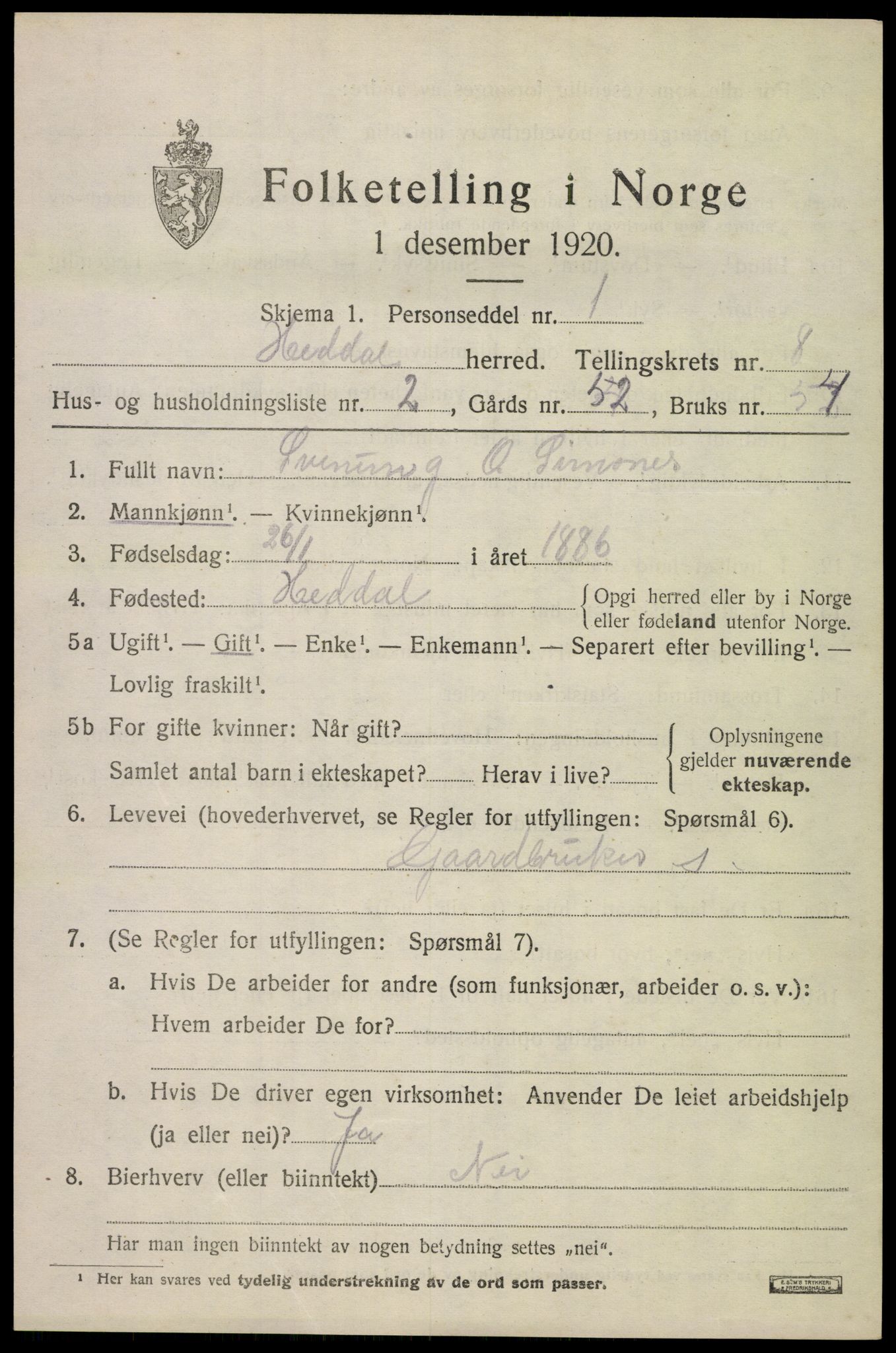 SAKO, 1920 census for Heddal, 1920, p. 6010