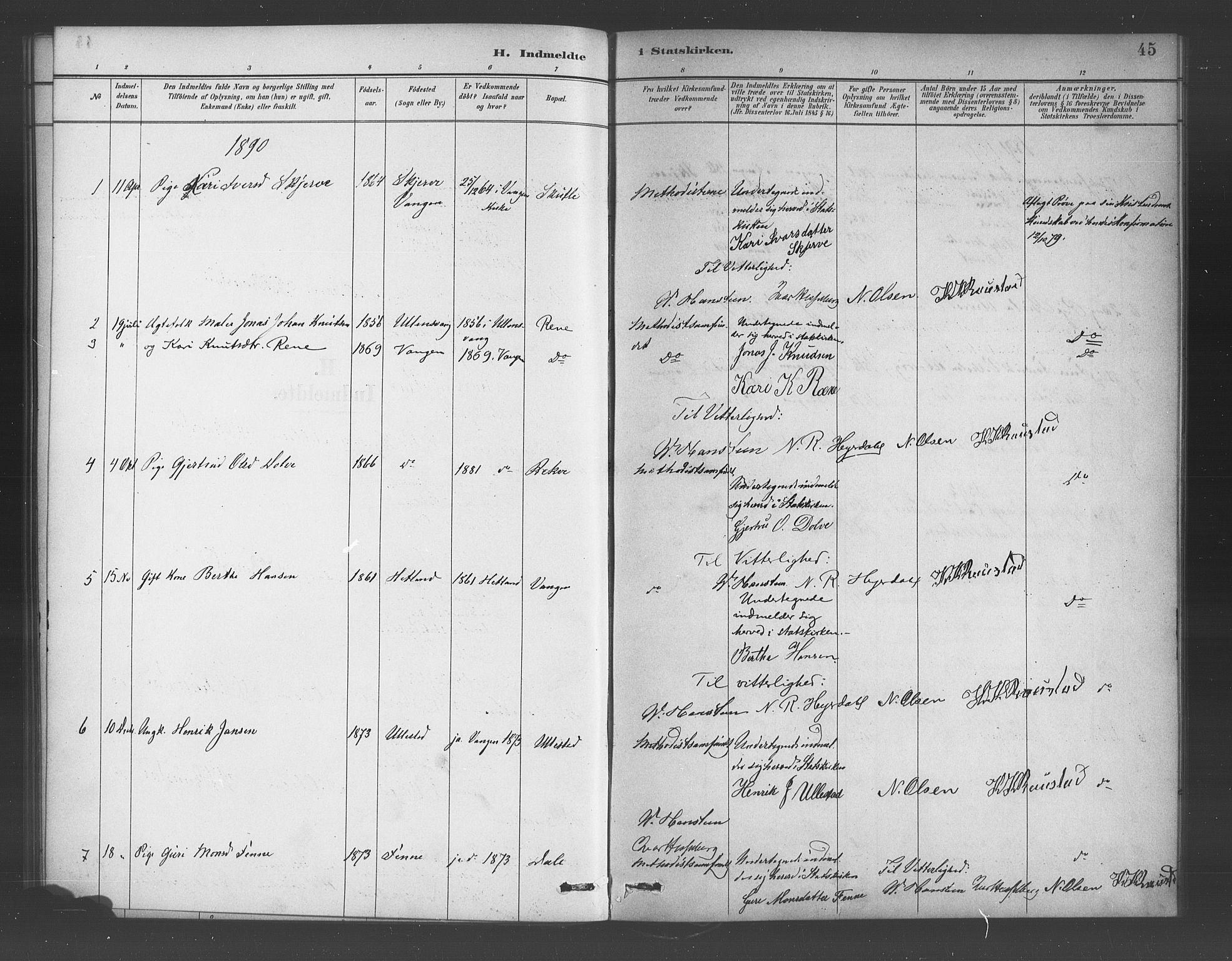 Voss sokneprestembete, AV/SAB-A-79001/H/Haa: Parish register (official) no. E 1, 1887-1928, p. 45