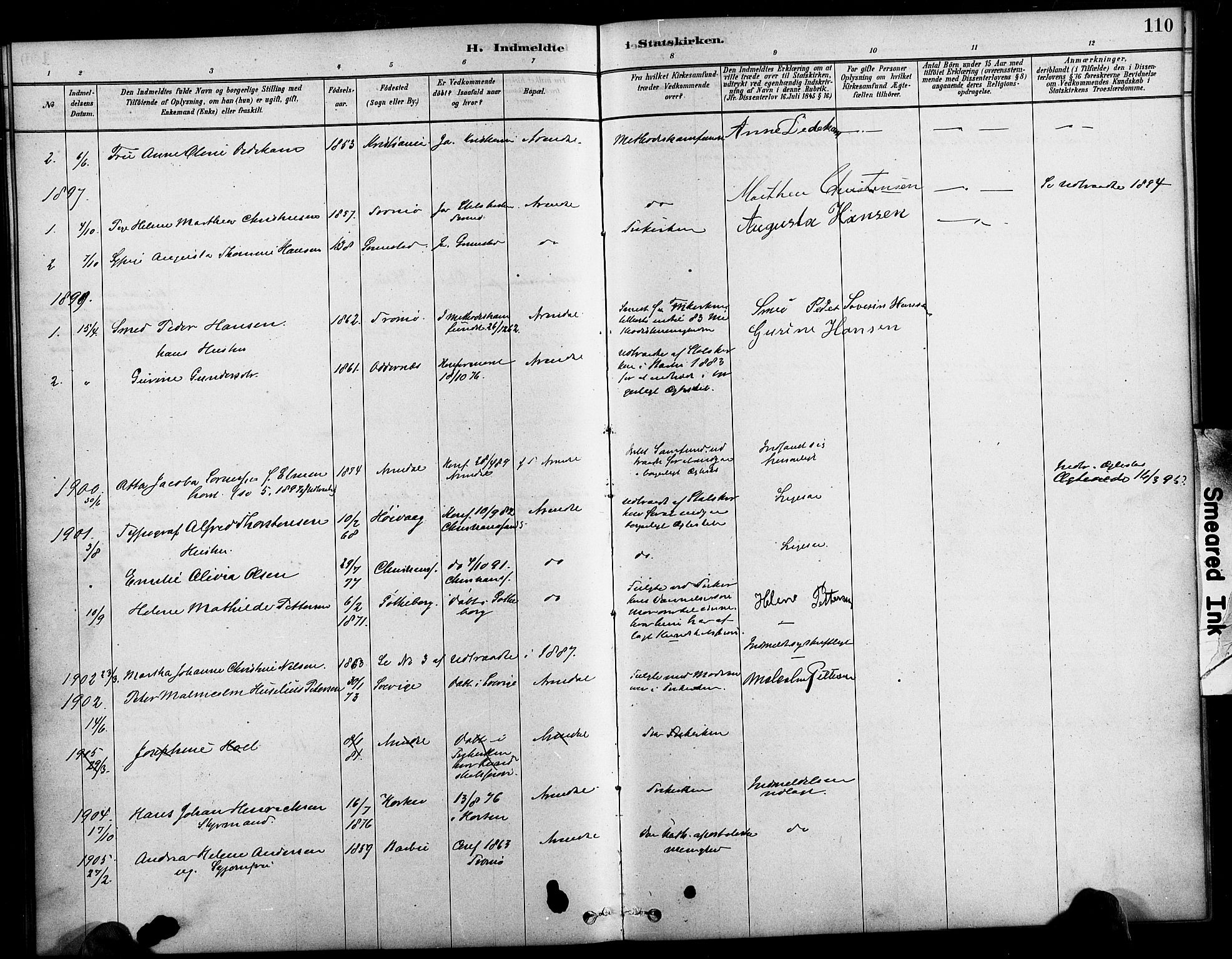 Arendal sokneprestkontor, Trefoldighet, SAK/1111-0040/F/Fa/L0009: Parish register (official) no. A 9, 1878-1919, p. 110