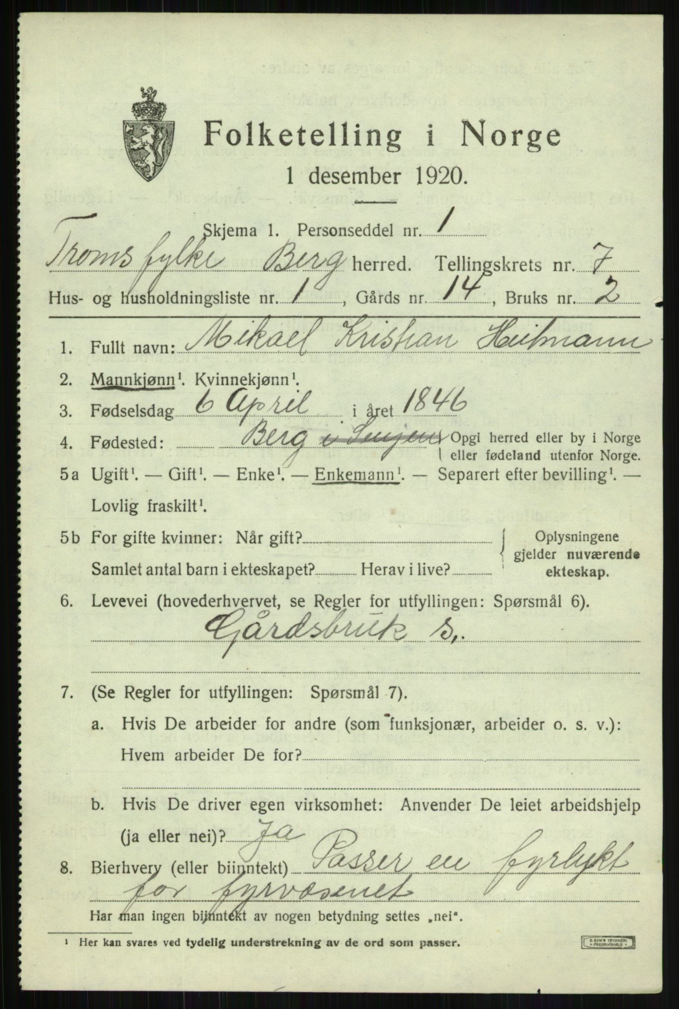 SATØ, 1920 census for Berg, 1920, p. 2432