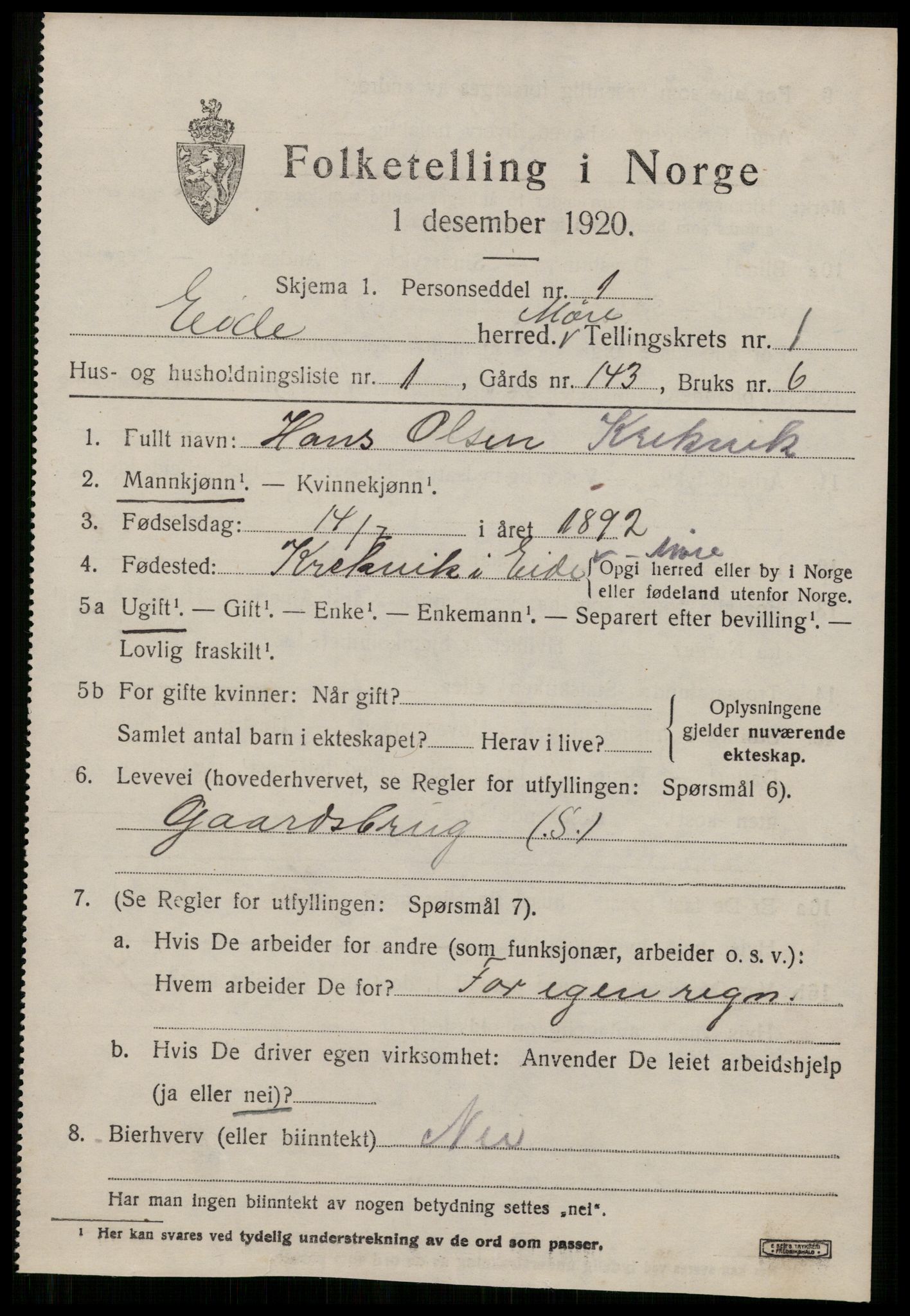 SAT, 1920 census for Eid (MR), 1920, p. 582